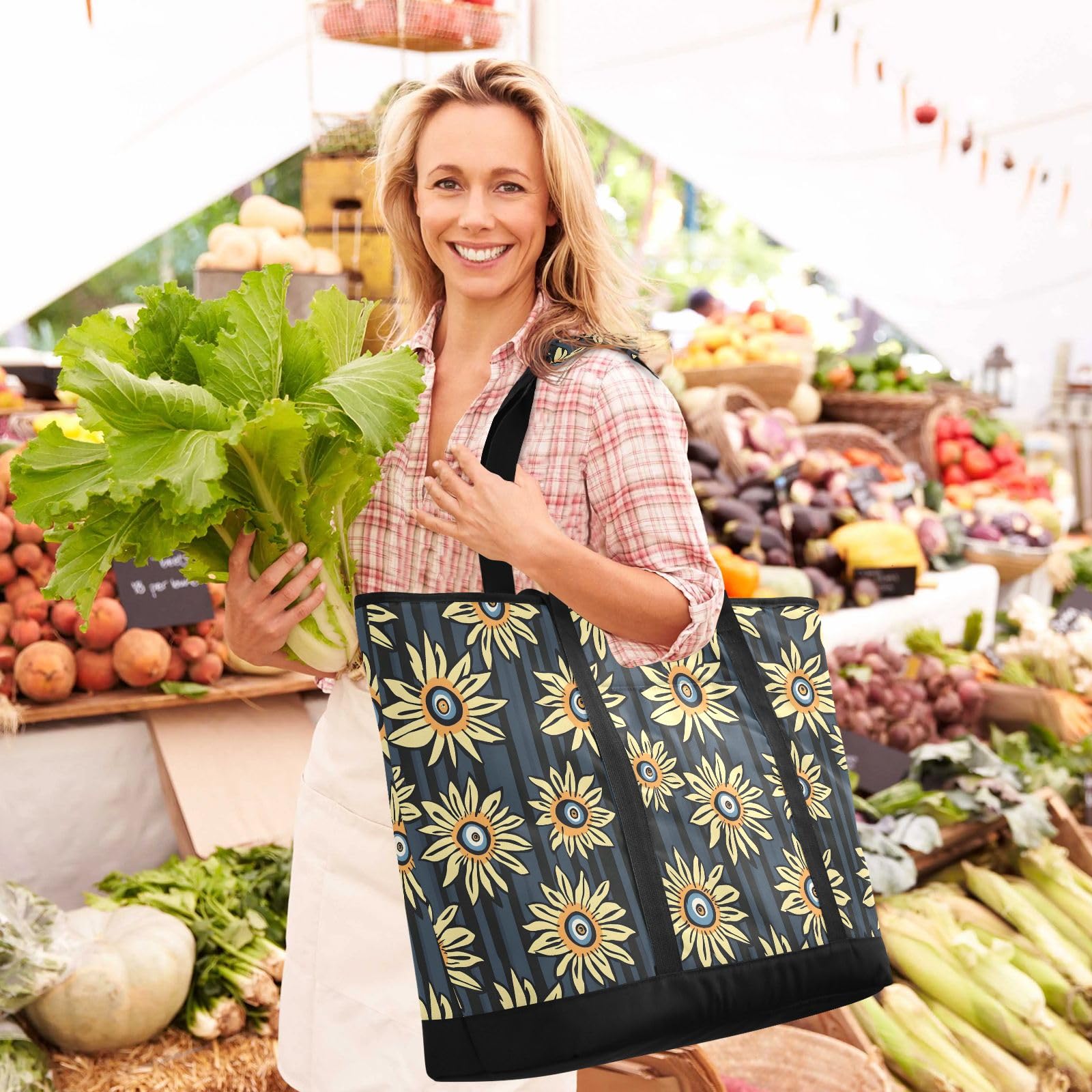 Simple Yellow Creative Flowers - Bolsa térmica térmica reutilizable con cremallera, bolsa térmica grande portátil para viajes o camping