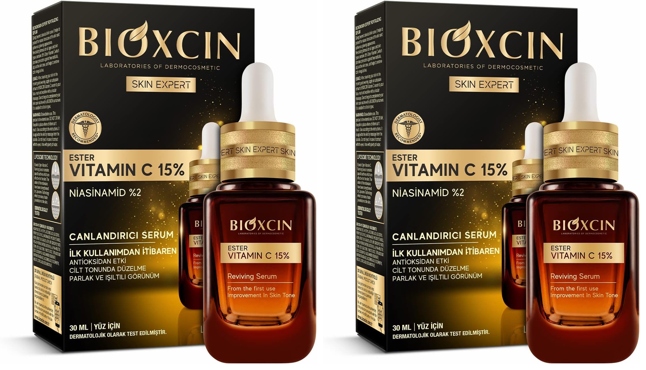 Bioxcin Ester Vitamin C 15% Canlandırıcı Serum 30 ml – Niasinamid, Lipozom Teknolojisi, Antioksidan Etki – Cilt Tonu Eşitleyici ve Aydınlatıcı Serum (2 paketi)