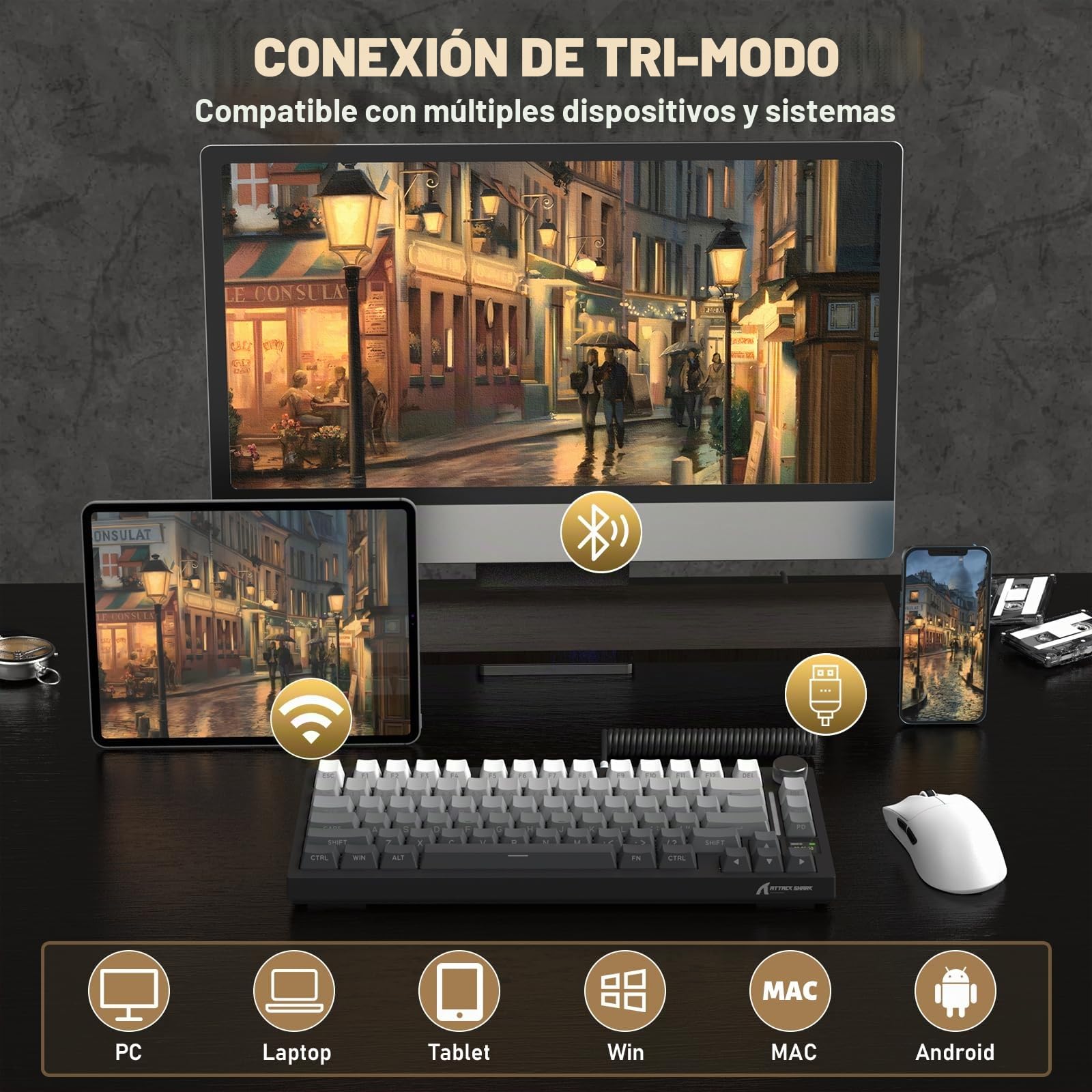 A.JAZZ X Attack Shark X820Ultra Teclado Mecánico Inalámbrico & Coile Cable | 2.4G/BT/USB-C, Diseño 75% 80Teclas con Pantalla TFT Inteligente Color & Perilla CNC, RGB Hot-Swap, 4000mAh-Negro/Gift Switch