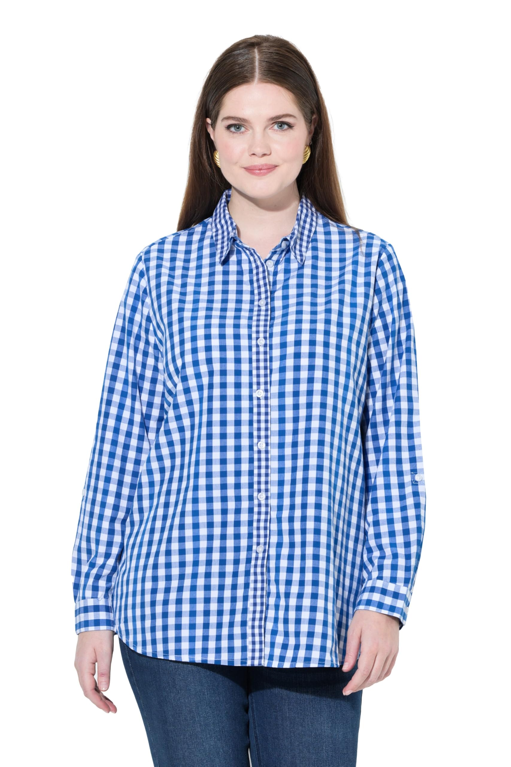 Ulla Popken Damen große Größen Übergrößen Plus Size Hemdbluse, Karo, Hemdkragen, Langarm, Krempelriegel 829431