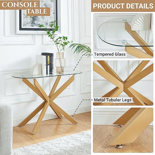 Miniatura 3 de Mesa consola ovalada de vidrio dorado, estilo moderno, para entrada, pasillo, mesa de sofá estrecha, entrada para entrada, sala de estar, vestíbulo,