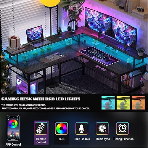 Miniatura 6 de Unikito Escritorio de computadora en forma de L, escritorio de oficina reversible con tira de luz inteligente y tomas de corriente mágicas, mesa