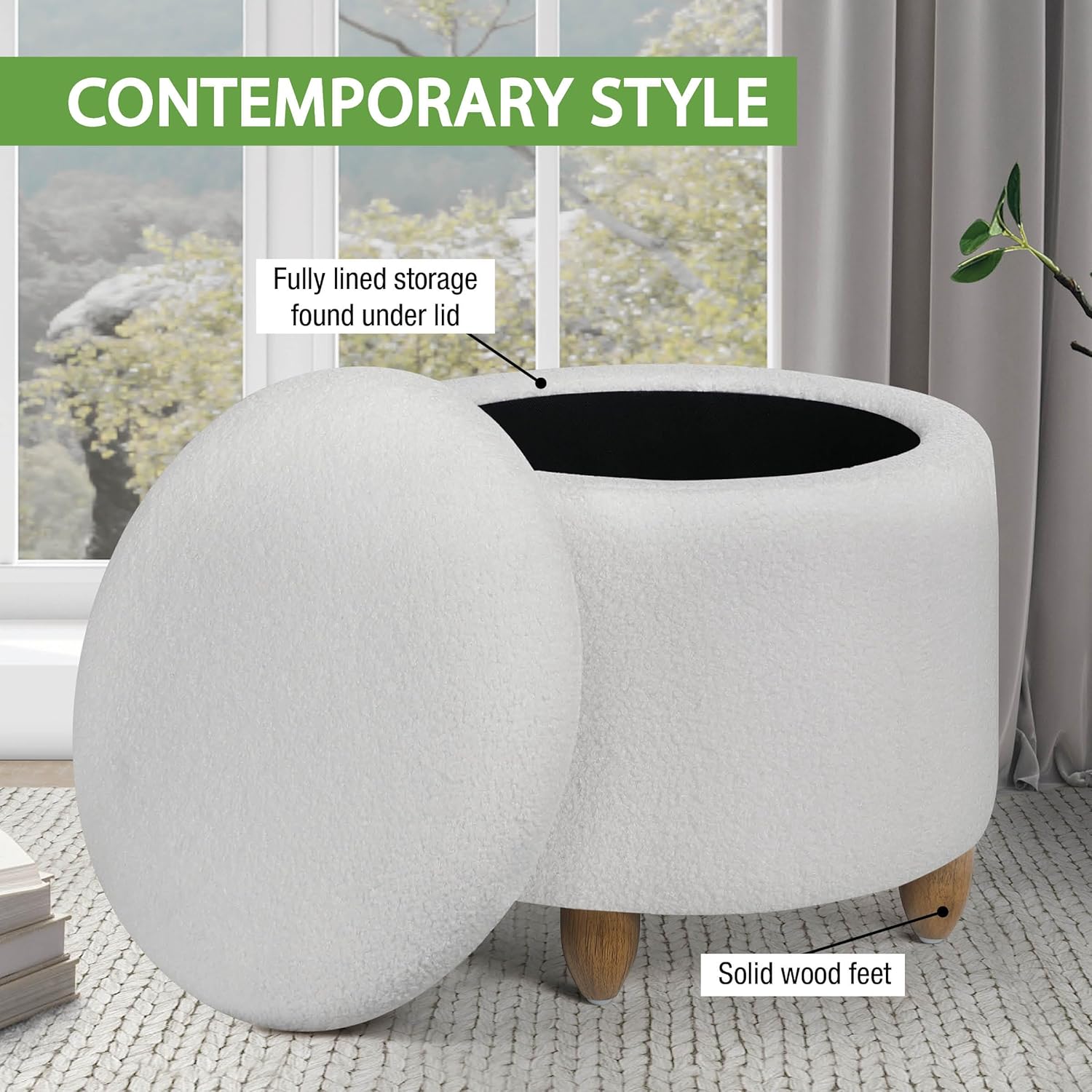 OSP Home Furnishings Lyra Contemporary Round Storage Ottoman with Lift-Off Lid, Ivory SherpaFabric - Image 5