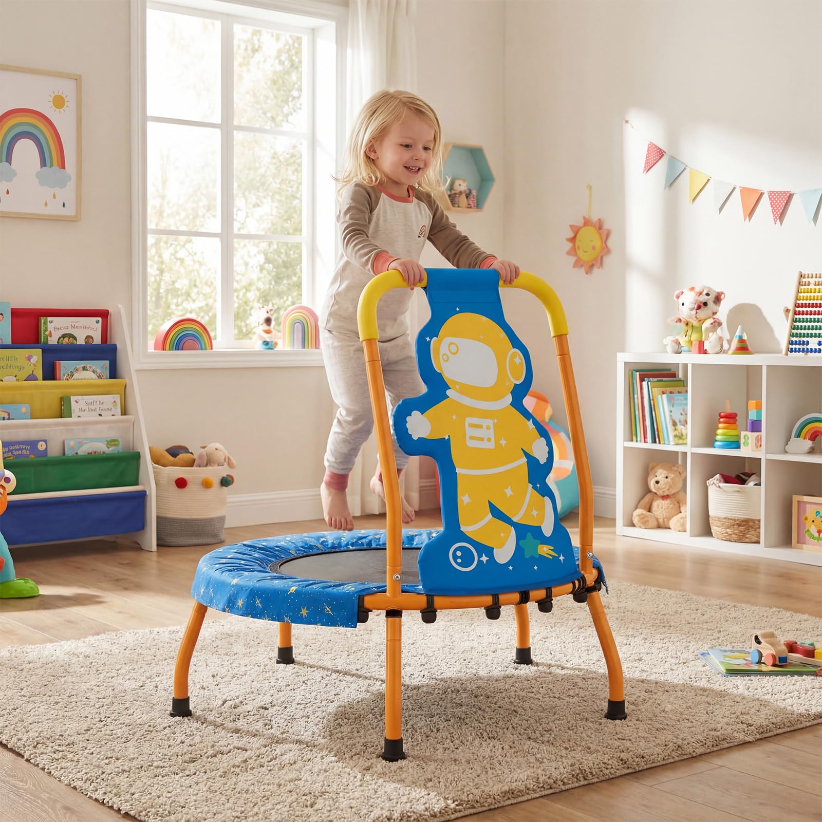 GYMAX Petit Trampoline Intérieur Extérieur pour Enfants 3 à 6 Ans, avec Poignée en Mousse, Tapis de Saut sans Entraves, Charge Max.80kg, Motif Ludique