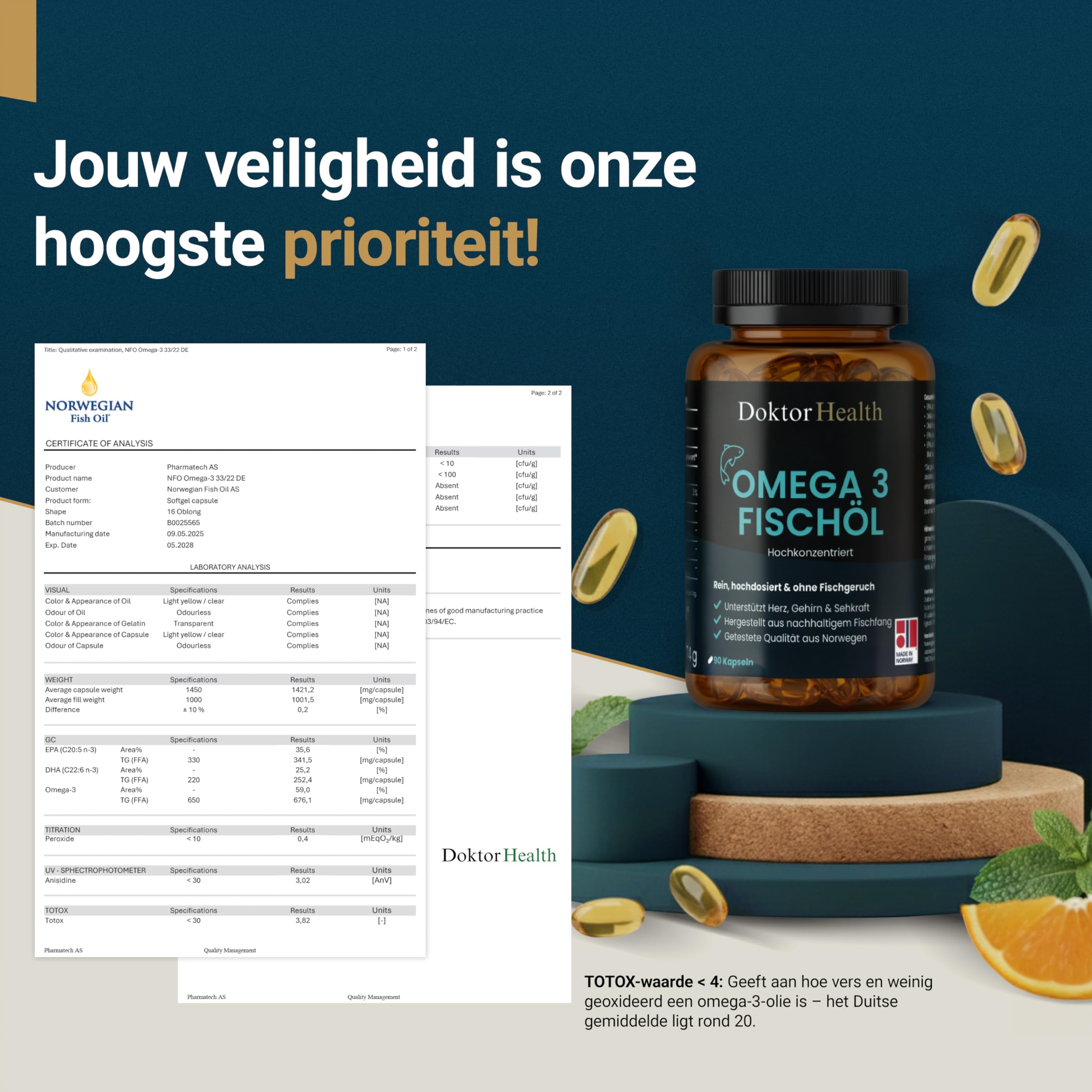 Omega-3 Huile de Poisson 2000mg - Hautement Dosé DHA & EPA - Sans Odeur de Poisson - 90 Capsules Softgel - Testé en Laboratoire - Soutient Cœur, Cerveau & Yeux