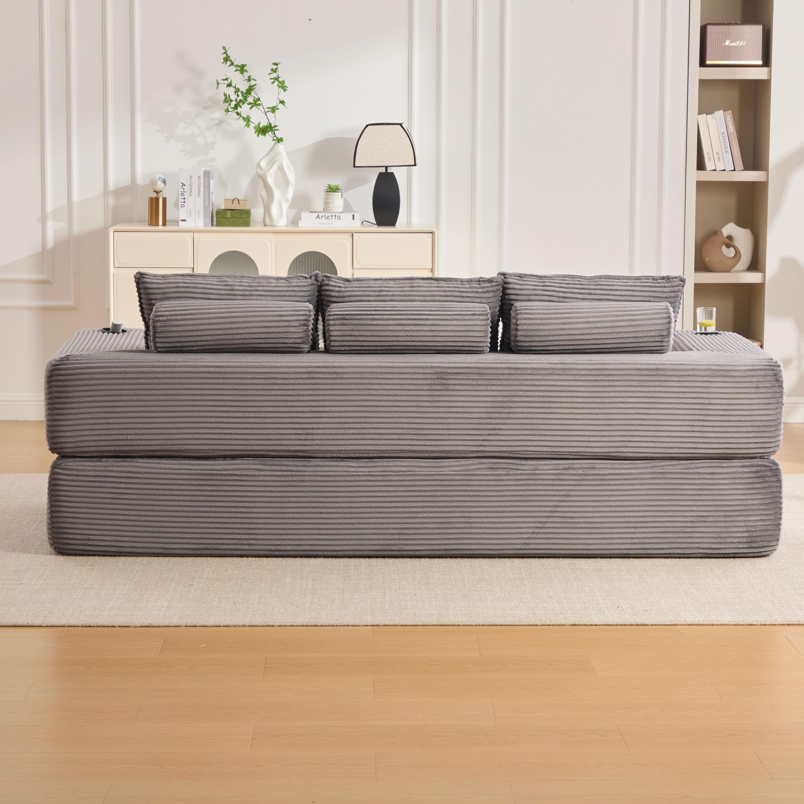 Zepneiy Canapé Compressé avec Oreiller à mémoire de Forme et 2 oreillers décoratifs, Canapé 3 Places avec Poches et Porte-gobelet, Canapé Pliant en Corde avec Mousse Haute densité, Gris Foncé