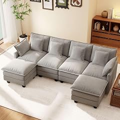 Ihanherry 106 U-Shaped Modern Sofa Modular Sectional Cloud Couch 6-Seat Chenille Seat Sofa with Ottoman for Living Room