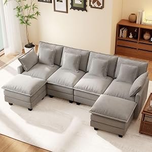 Ihanherry 106 U-Shaped Modern Sofa Modular Sectional Cloud Couch 6-Seat Chenille Seat Sofa with Ottoman for Living Room