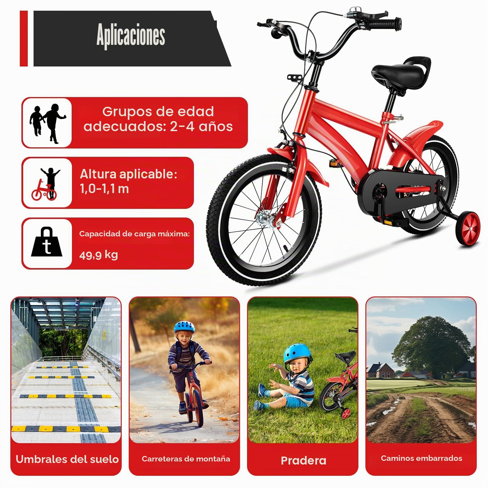 Bicicleta infantil de 16 pulgadas, altura ajustable, para niños y niñas a partir de 4 – 6 años, con ruedas estabilizadoras y sistema de frenado dual