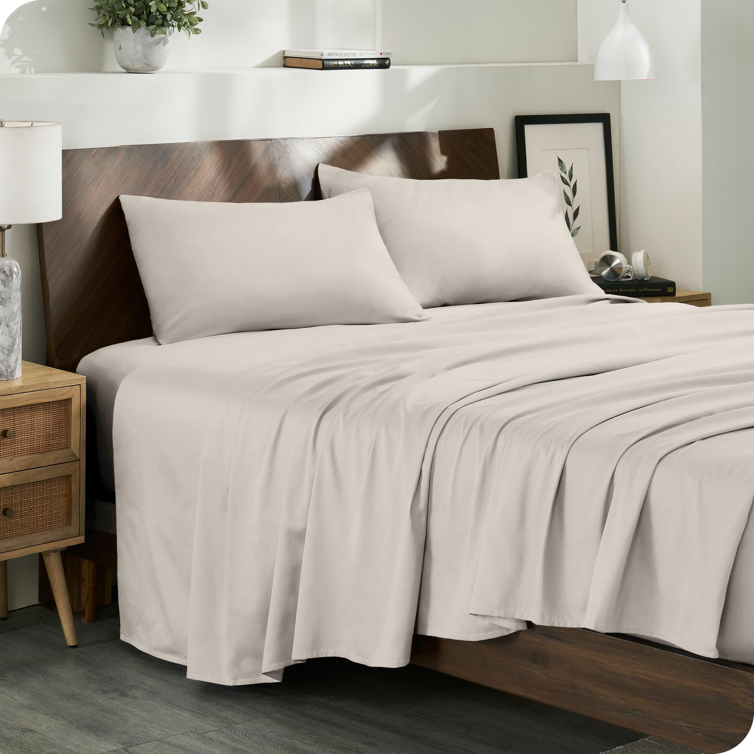 Bare Home 100% Organic Cotton Queen Sheet Set - Smooth Sateen Weave - Breathable & Cooling - Hotel Luxury Set - Deep Pocket Bed Sheets (Queen, French Beige)