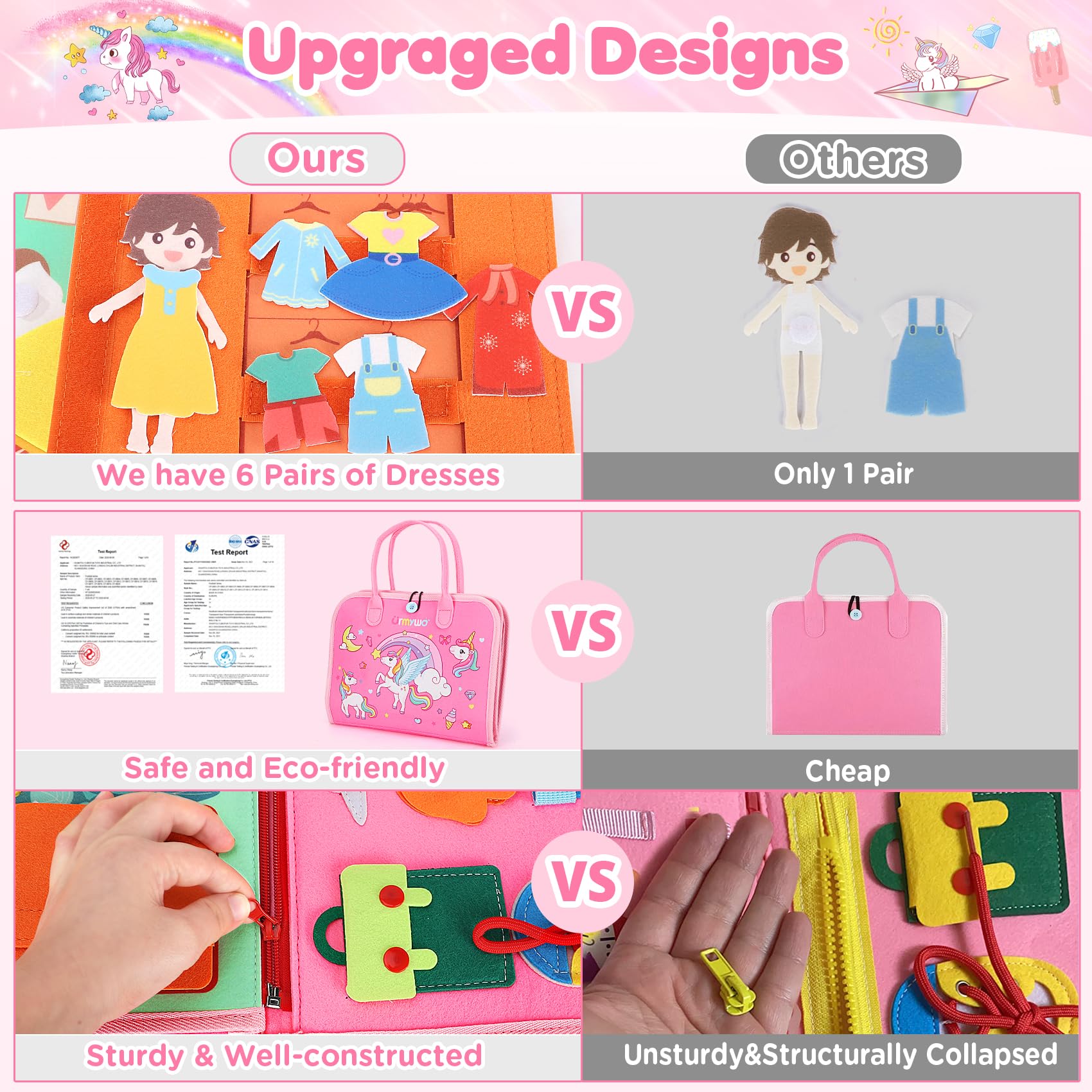 URMYWO Busy Board per Bambini,Giochi Montessori 1 2 3 4 Anni, Educativi Tabellone Attività,Pannello Sensoriale Unicorno Regalo,Rosa