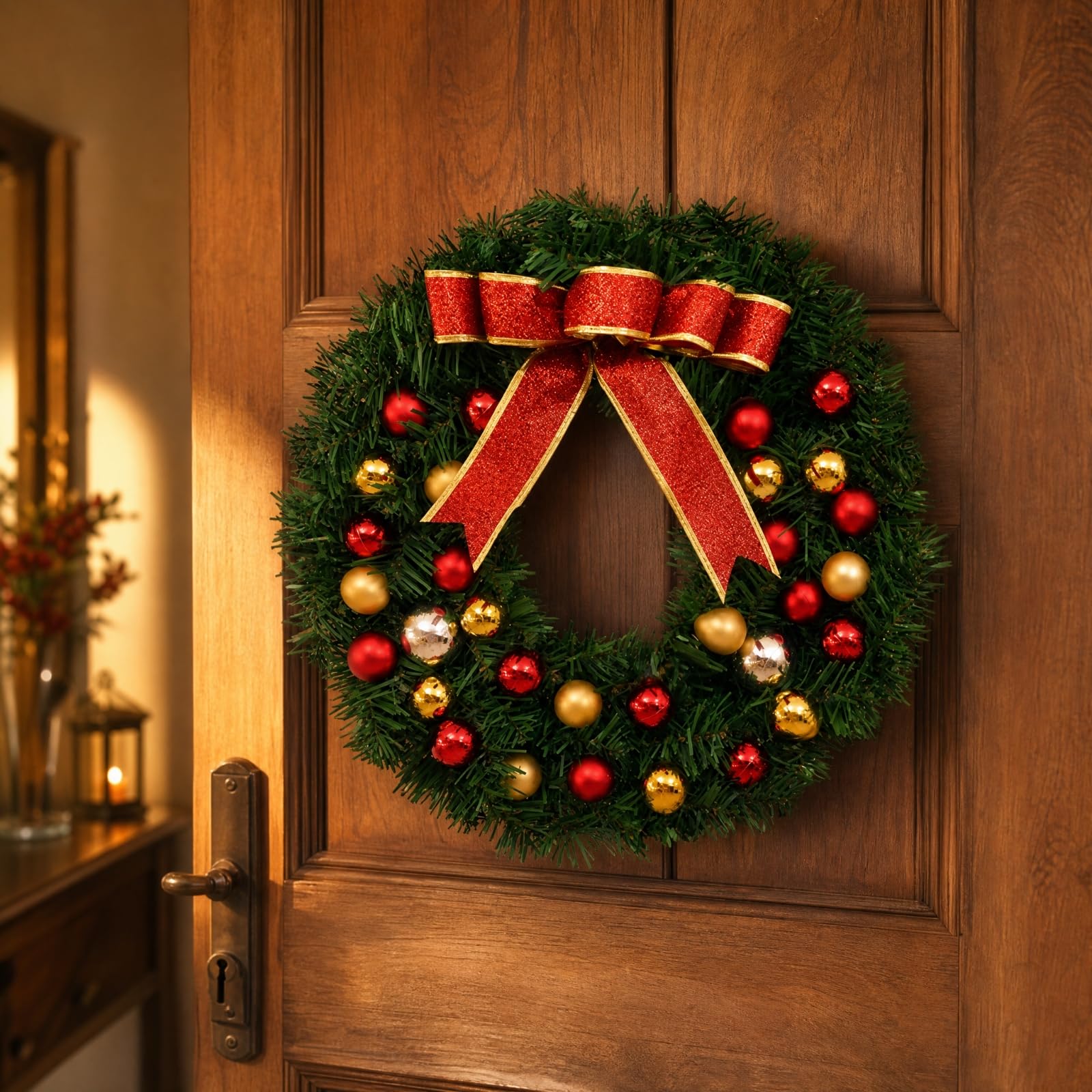 Ghirlanda Natalizia con Nastro Rosso Glitterato e Palline Fitto Ghirlanda di Natale in PVC con Struttura in Ferro Lusreggiante per Vetrina Negozio, 60CM