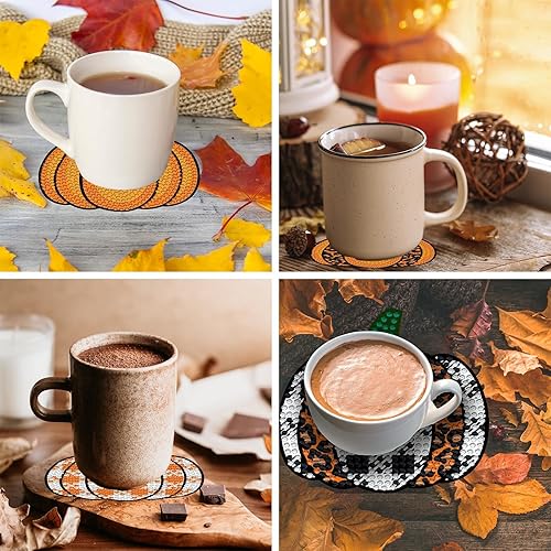 Miniatura 5 de 8 posavasos de diamantes de calabaza a cuadros de otoño con soporte para bricolaje, lindos posavasos de otoño con diamantes 5D, posavasos redondos