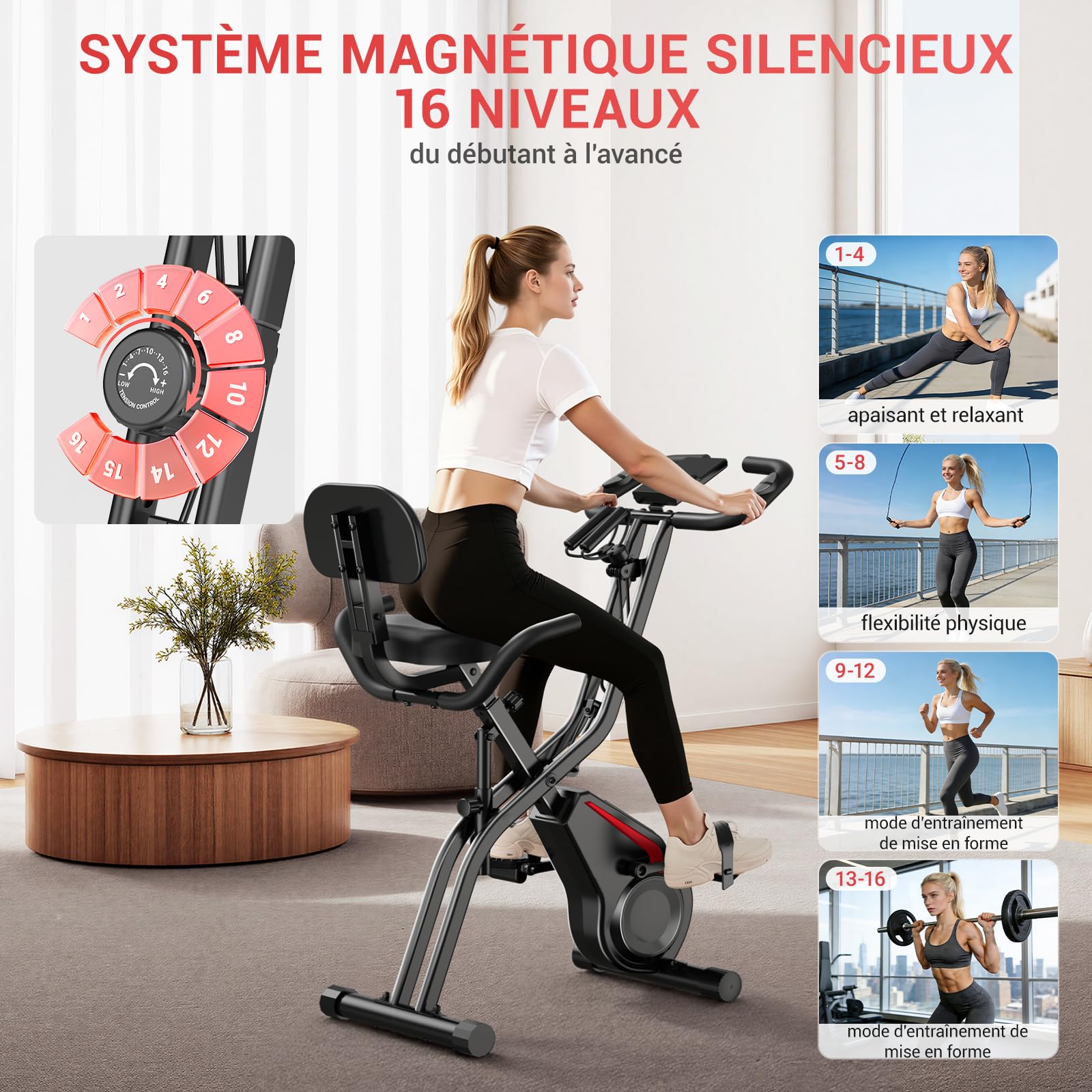 CURSOR velo d appartement pliable, 5-en-1 velo appartement pliable, équipé d'une résistance silencieuse à 16 niveaux. vélos d'appartement avec surveillance de la fréquence cardiaque et écran LED