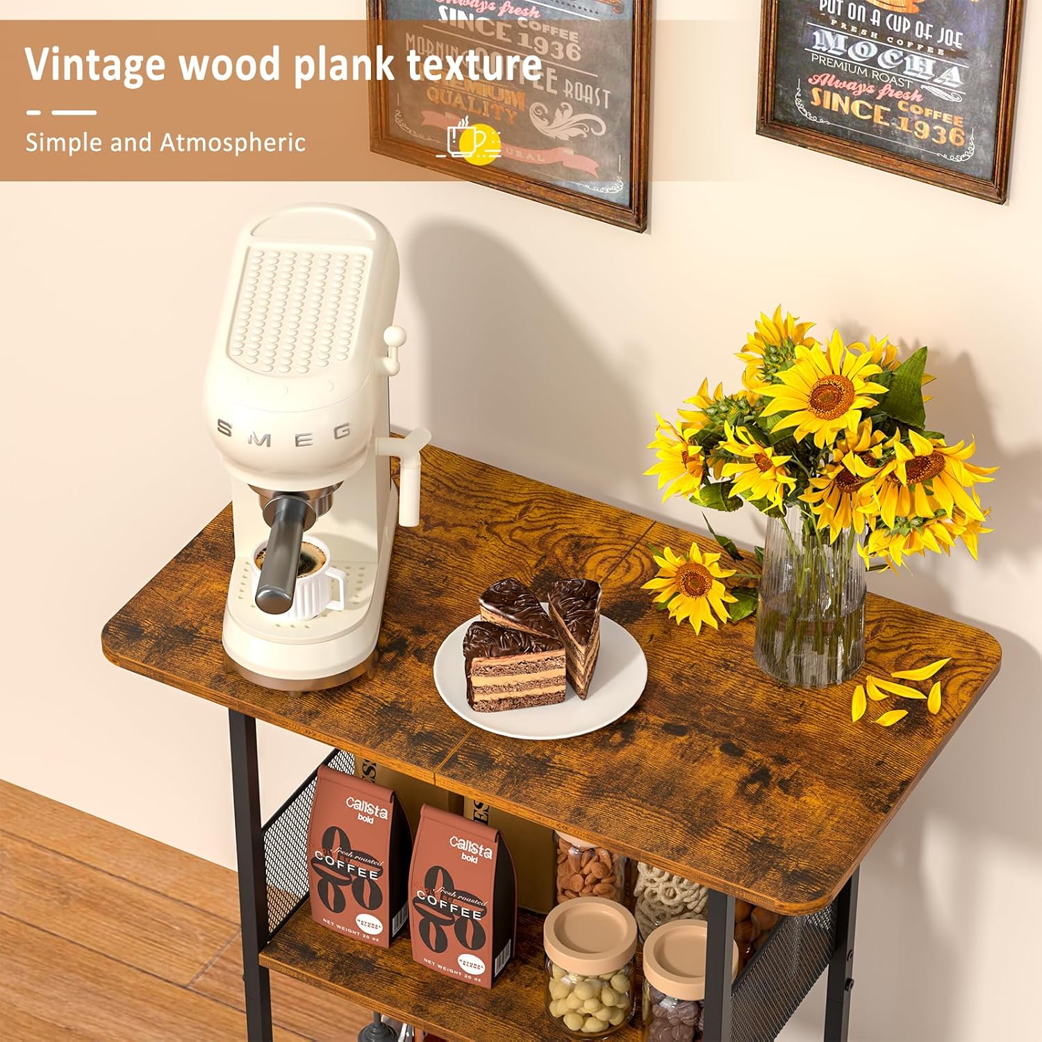 Jsskeeim Mini Floor Standing Coffee Bar Shelf,3-Tier Small Coffee Table,Corner Farmhouse Coffee Bar Cabinet;Dining Room, Living Room-Capsules,Coffee Maker(Brown+Black)