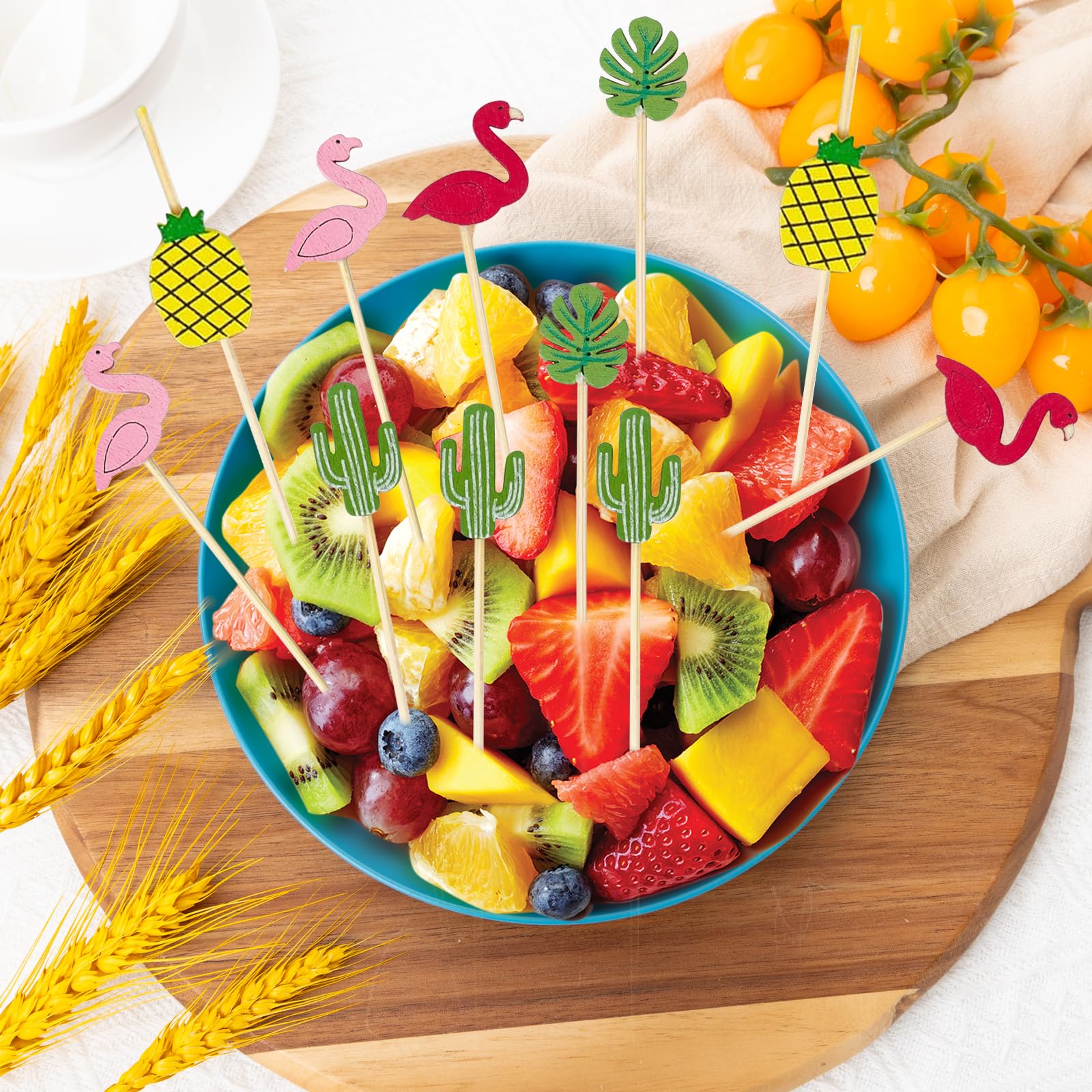 100 spiedini per frutta usa e getta, 12 cm, in bambù, con 5 motivi, fenicottero, monstera, ananas, cactus, spiedini in legno per fingerfood frutta, bevande, cocktail sticks