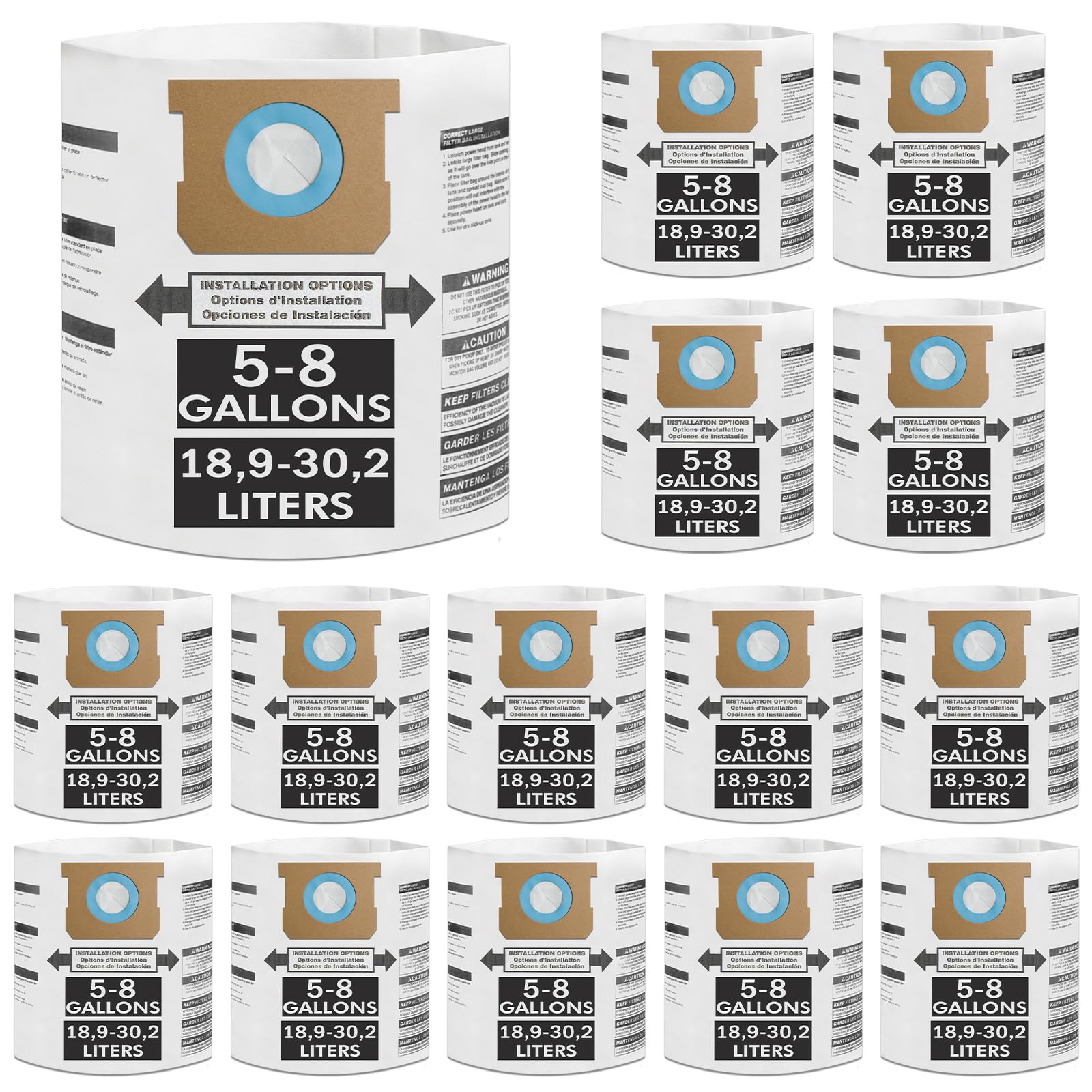 15 Pack Vacuum Bags Compatible with Shop Vac Bags 5-8 Gallon;Type E 90661,9066133;Type H 90671,9067133; VF2004,VHBS,VDBS;Disposable Collection Filter