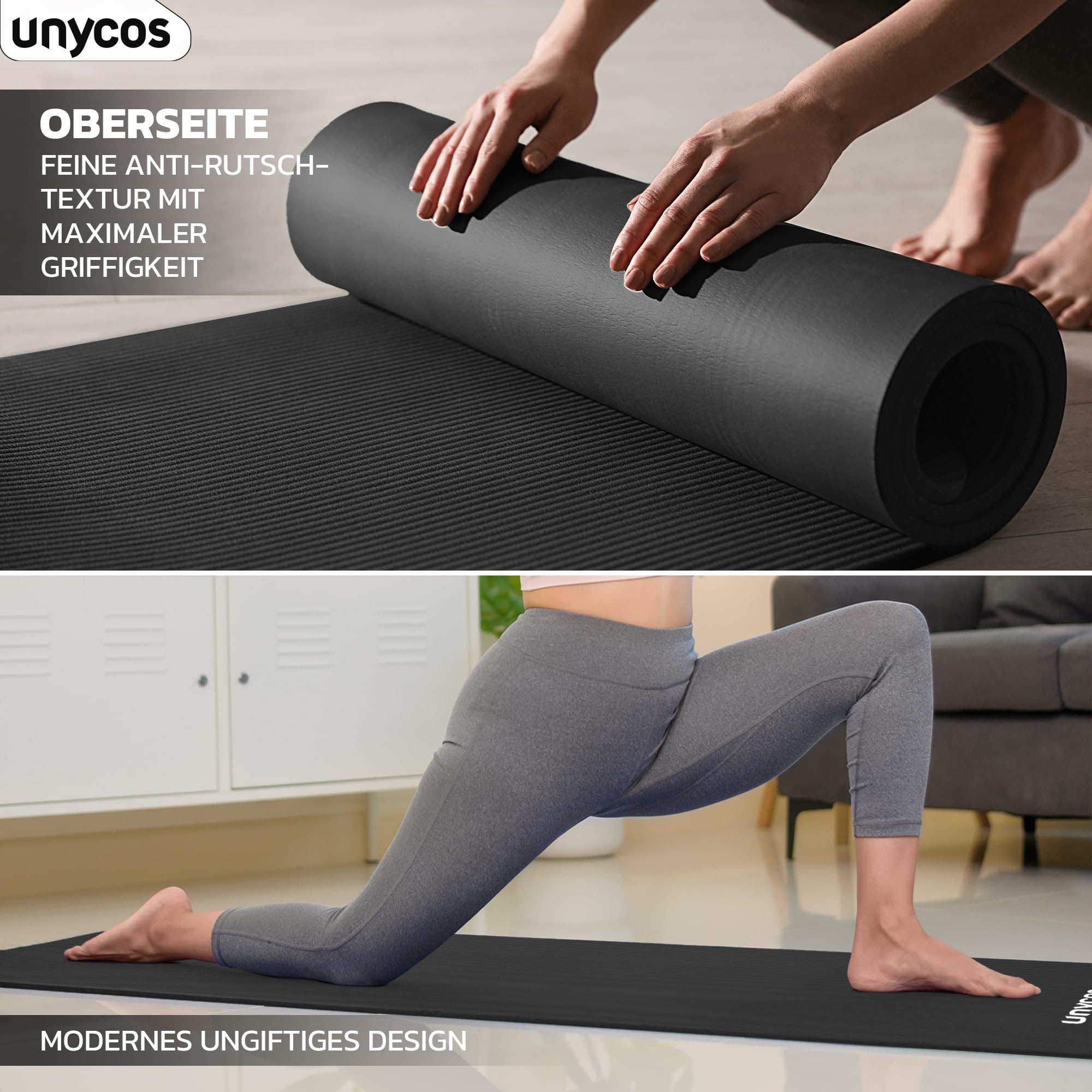 unycos - Yogamatte Rutschfeste | Hohe Dichte 6/10/15 mm, Gymnastikmatte mit Tragegurt und Schultergurt【inkl. E-Book】Hautfreundliche Fitnessmatte für Pilates, Trainingsmatte, Gym