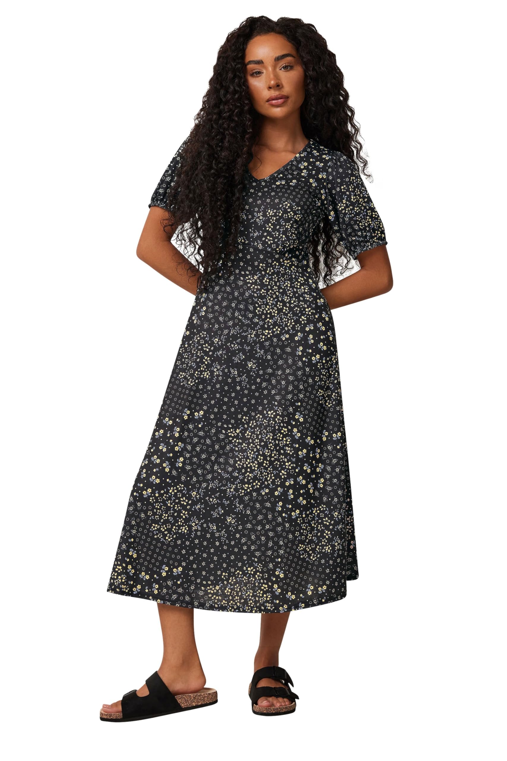 M&Co Petite Floral Print Midi Dress - Women's Black