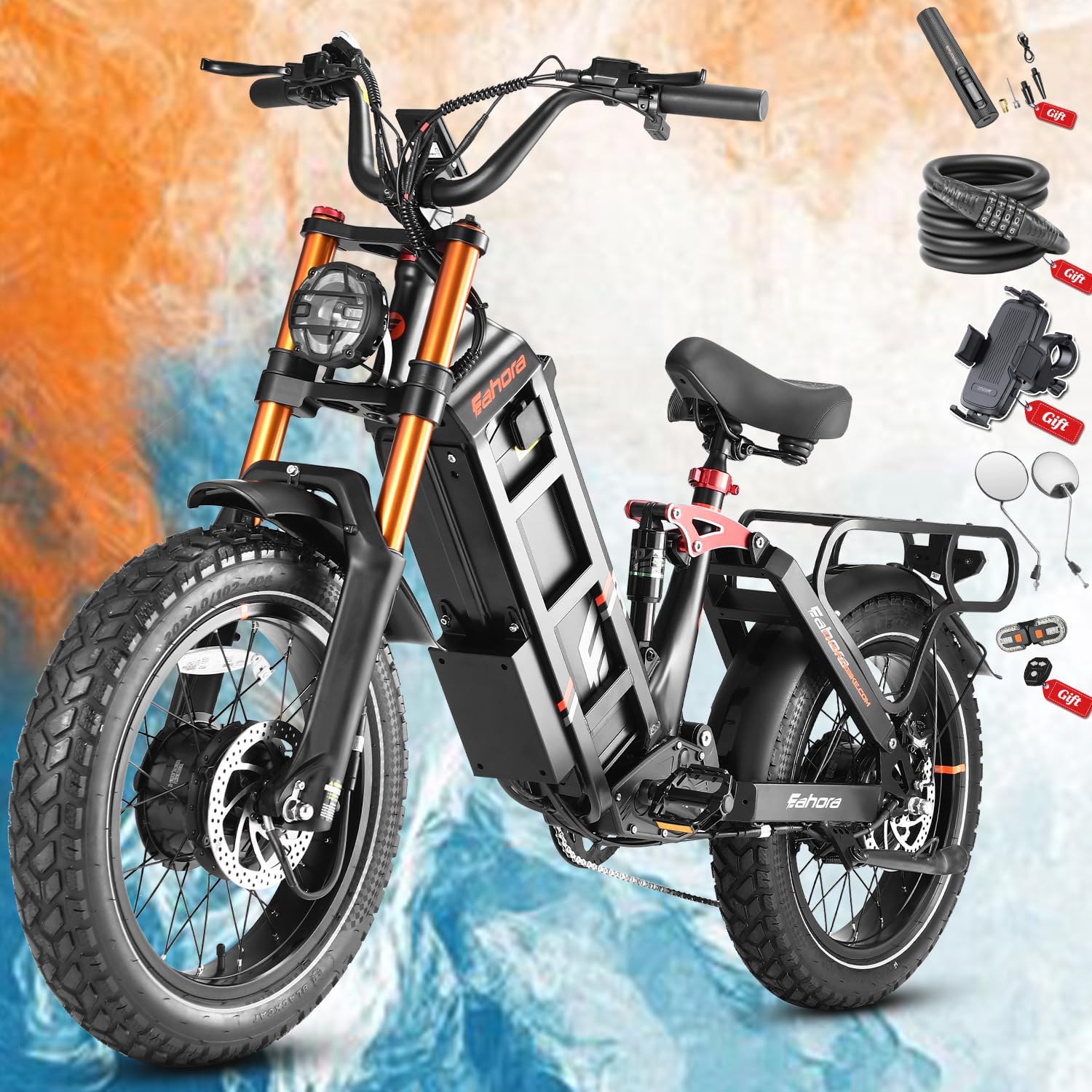 5400w eAhora Ebike 2026 Juliet Pro 2 Series 43-31Mph Electric Bike for Adults Dual Motor Ebike 70Ah/60Ah 200+Miles Long Range Ebike 20in Fat Tires Full Suspension