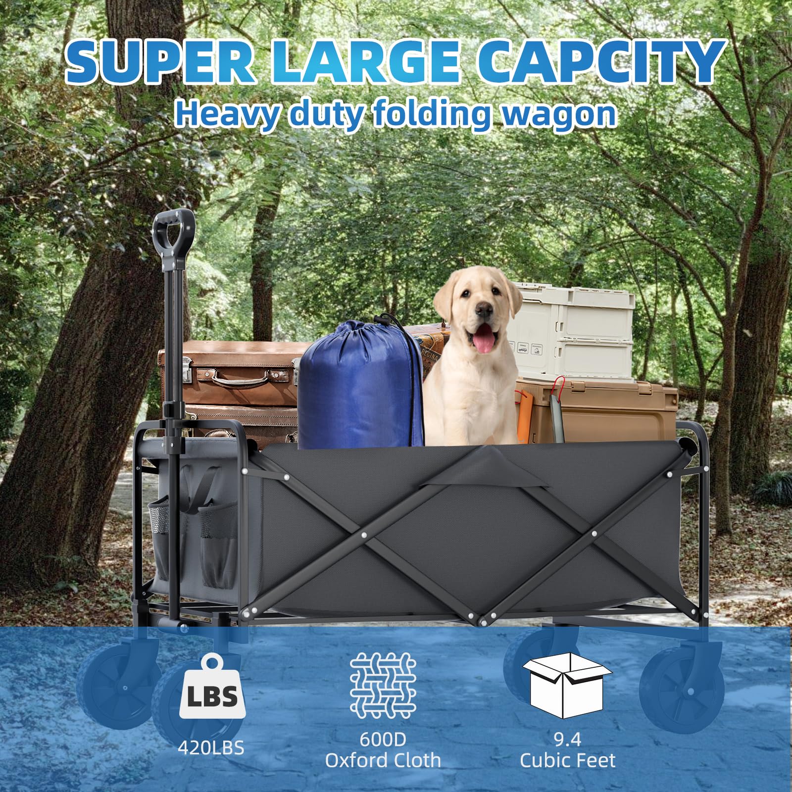 DreamQuest Collapsible Foldable Wagon,Utility Small Heavy Duty Wagon with 360Â° Universal Wheel & Drink Holders Capacity 260 lbs,Collapsible Wagon for Sports,Shopping, Camping.Black