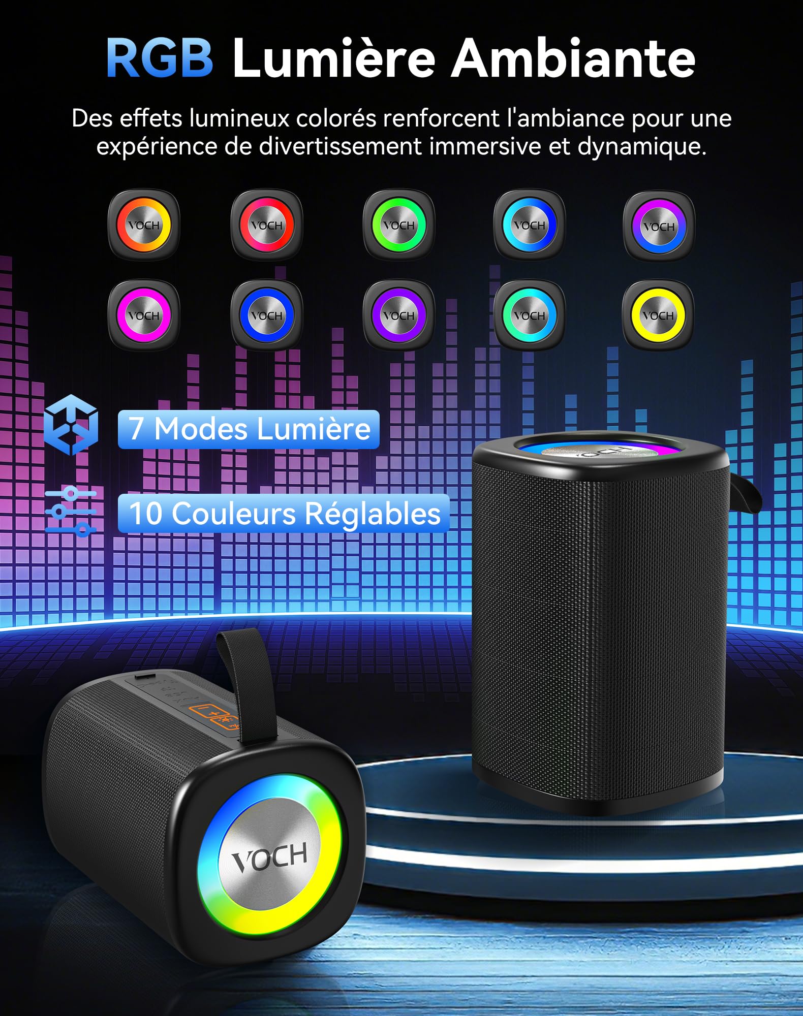 VOCH Enceinte Bluetooth Portable sans Fil Haut-Parleur 2‑en‑1 Magnétique avec Lumières RGB, Stéréo Puissante, Bluetooth 5.4, Appairage TWS, Étanche IPX7, 20H Autonomie pour Fête, Maison