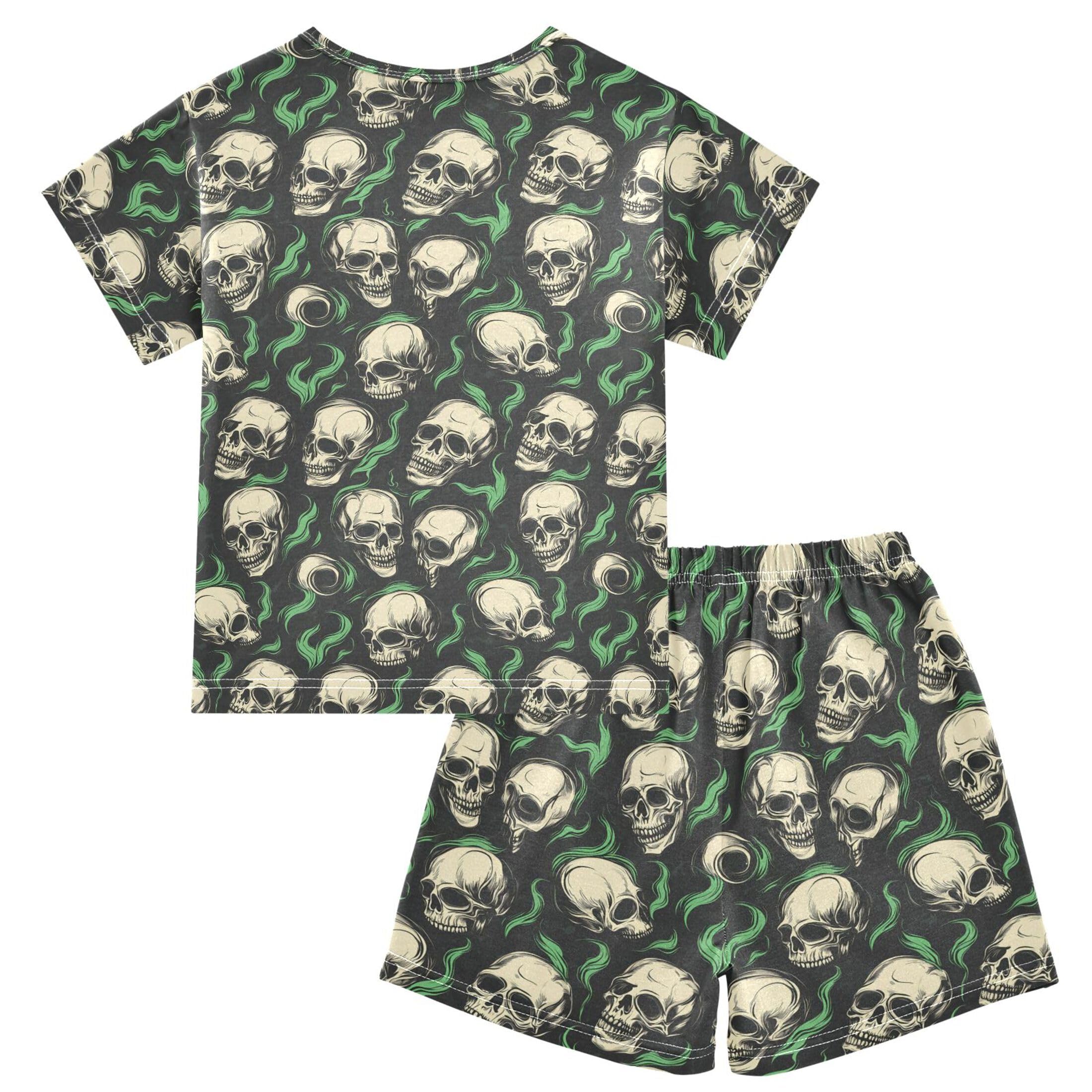 UMIRIKO Skull Fire Summer Short Sleeve Pajamas Sleepwear PJ Set B0404430