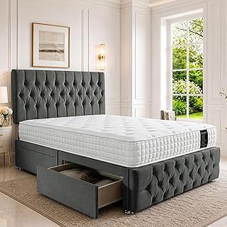Sleek Double Bed 4FT6 with Headboard & Footboard - Dmask Grey Plush Finish - Includes Pocket Sprung Multi-Zone Mattress & 2 Drawers - Sturdy Divan Design for Compact Bedrooms