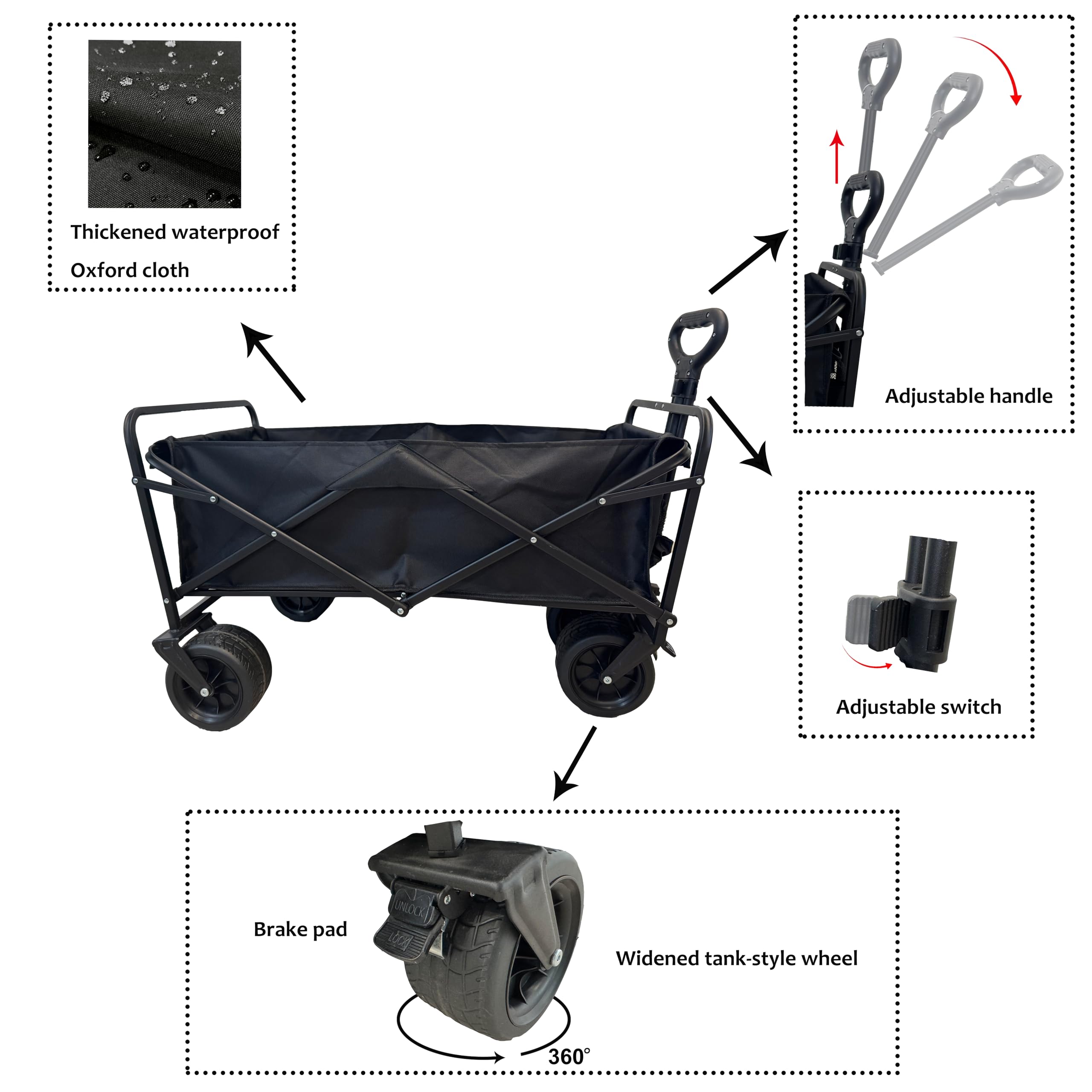 Carrello da Campeggio Pieghevole,Carrello Pieghevole dotato di Maniglia Regolabile e Ruote Larghe,Carro Pieghevole per Esterni, Spiaggia, Giardino e Picnic,nero,150L