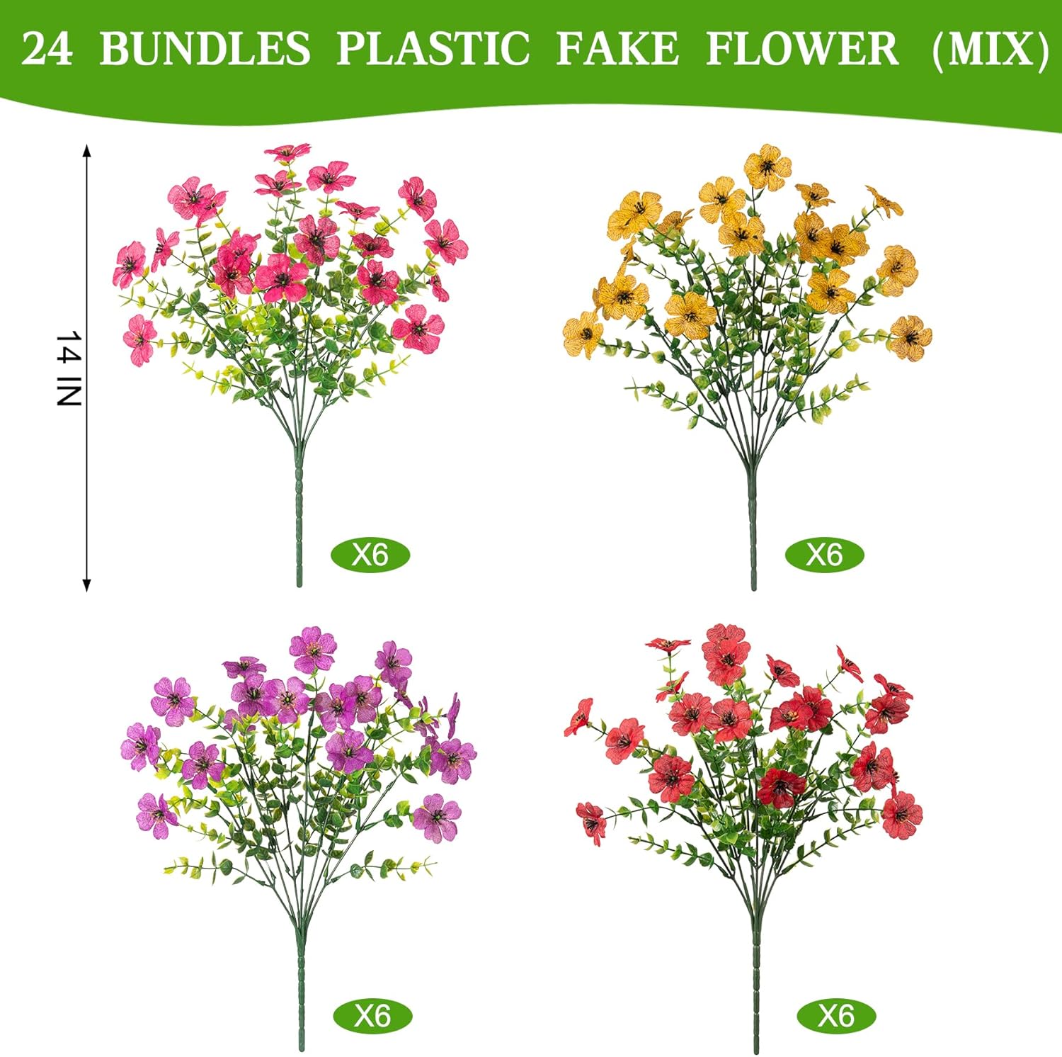 24 Bundles Artificial Flowers,Faux Plants for Spring Summer Decoration, UV Resistant Colorful Violets Eucalyptus for Outside Home Planter Porch Patio Yard Decor