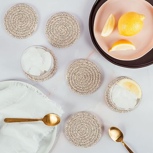 Miniatura 3 de OrganiHaus Juego de 6 posavasos de algodón absorbente, decoración rústica de estilo bohemio para mesa de café y protección de bebidas, posavasos