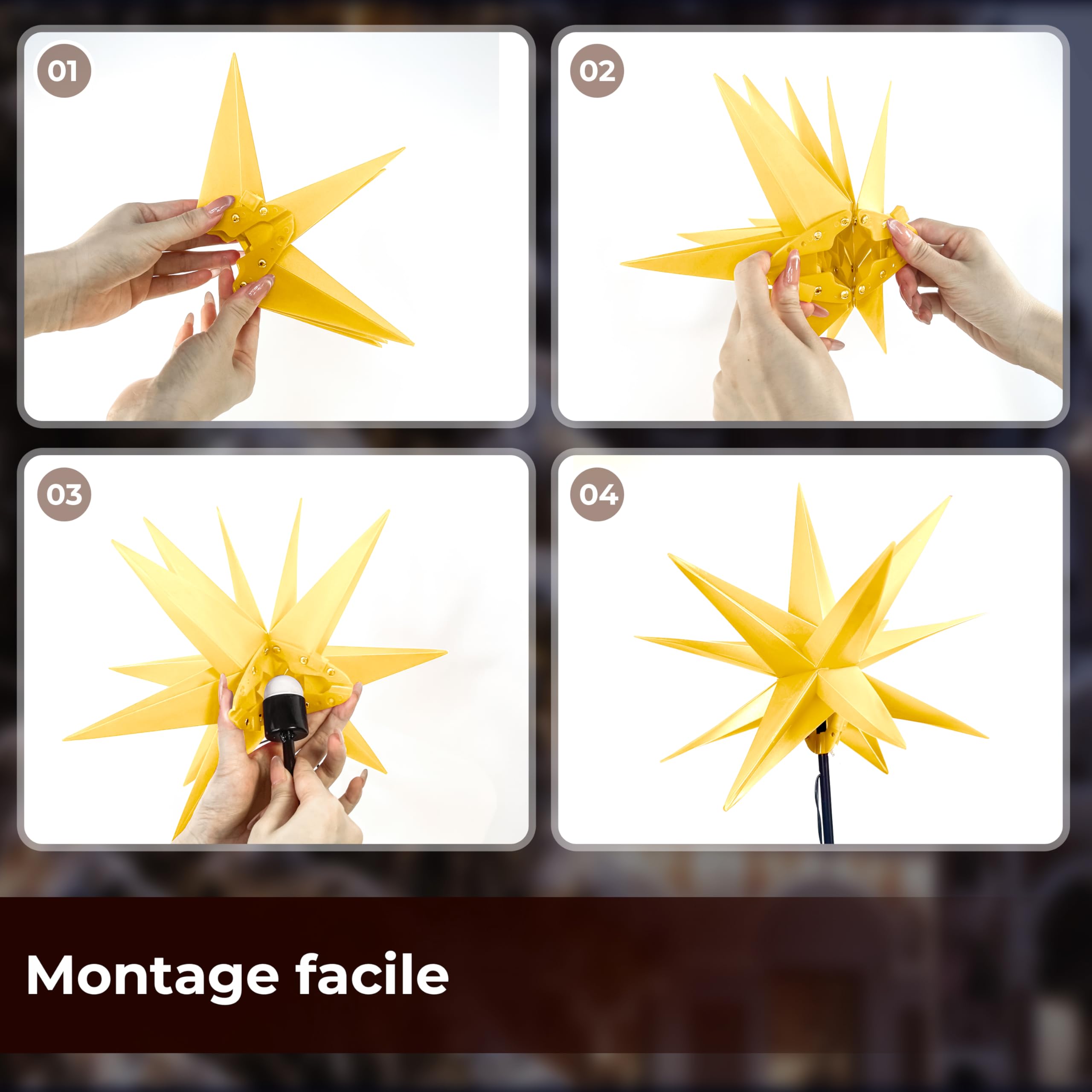 Etoile Lumineuse 3D avec éclairage LED | Set de 3 avec Piquet de Terre | Jaune | Ø 27 cm | Etoile 3D | résistant aux intempéries | Décoration de Jardin | Etoile de Noël | avec minuterie | sur Piles