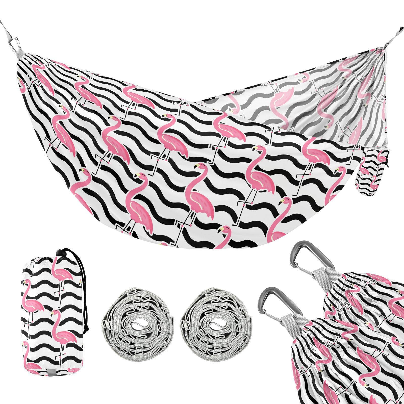 susiyo Portable Camping Hammock Cute Pink Flamingo Printed Lightweight Hammock Comfortable Travel Swing with Tree Straps for Camping Hiking Backpacking Travel or Beach - Up to 330lbs