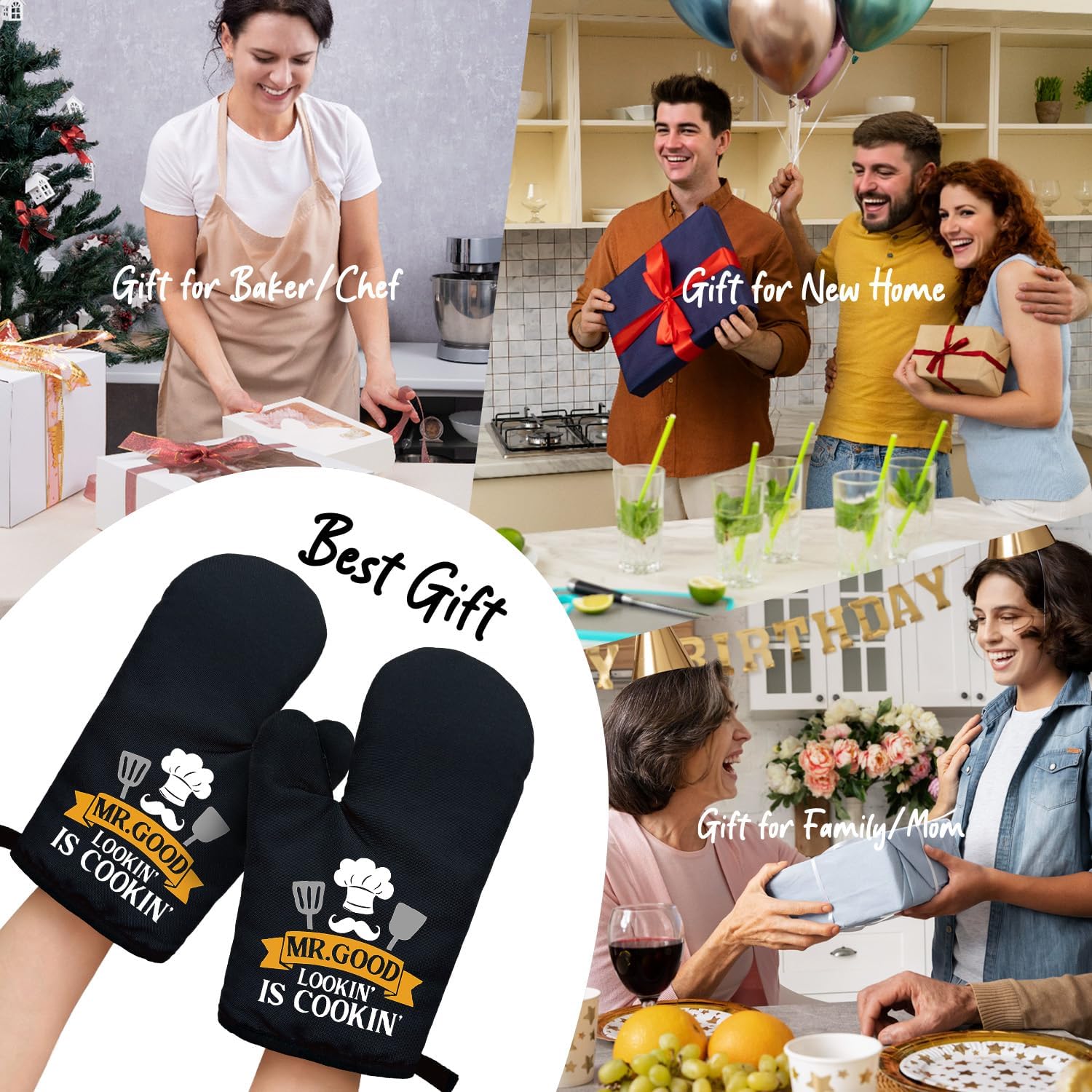 Mr.Good Lookin' is Cookin' Funny Black Oven Mitts with Hanging Loop and Silicone Non-Slip, Family Cooking Baking Kitchen Utensils 2-Piece Set, Valentine's Day Gifts for Husband Wife Chef - Image 6