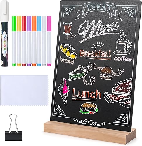 ONUPGO Paquete de 2 letreros de pizarra de mesa con 8 rotuladores de colores, 8 x 12 pulgadas, letreros de pizarra de tiza para menú, letreros de