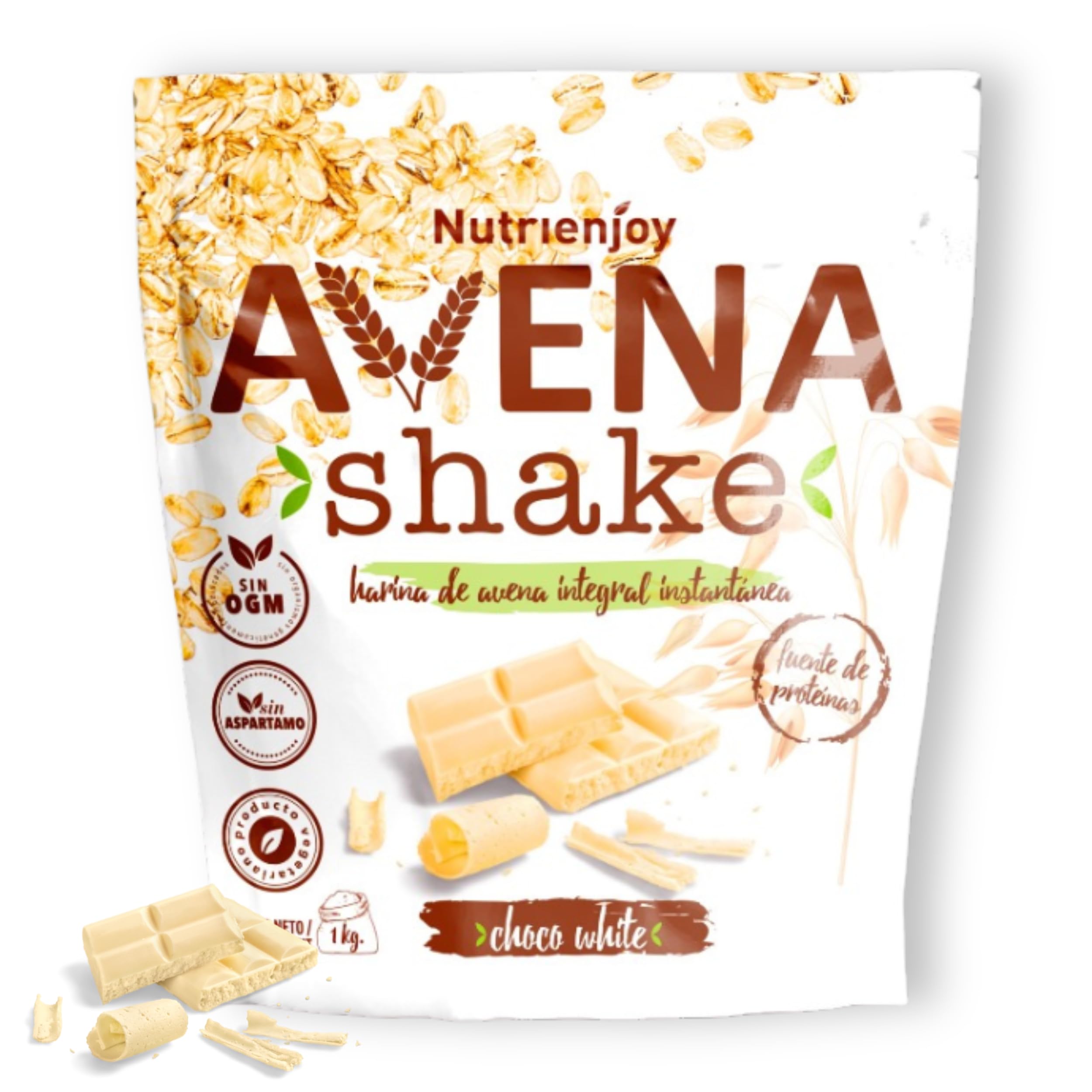NutriEnjoy - Avena Shake 1Kg | Copos de Avena Integral Molidos | Harina de Avena Sabores | Avena en Polvo | Harina de Avena Integral | Avena Instantánea Sabores Deliciosos (Chocolate Blanco) - 1