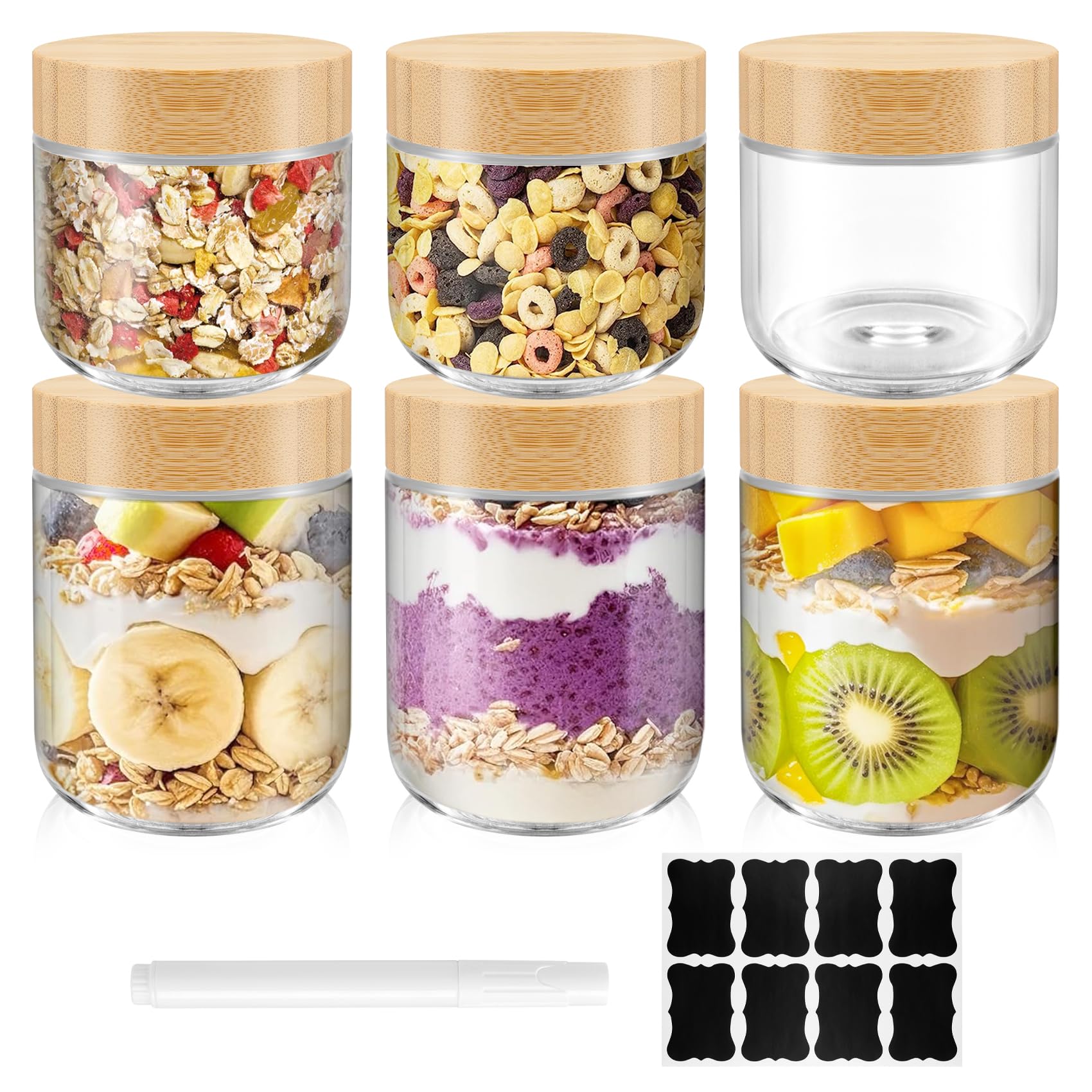 Giyofom 6 Pack Overnight Oats with Lids 10 & 16 Oz Glass Storage with Airtight Bamboo Lids Wide Mouth Food Great for Meal Prep Salad Puddirg Snacks Yogurt