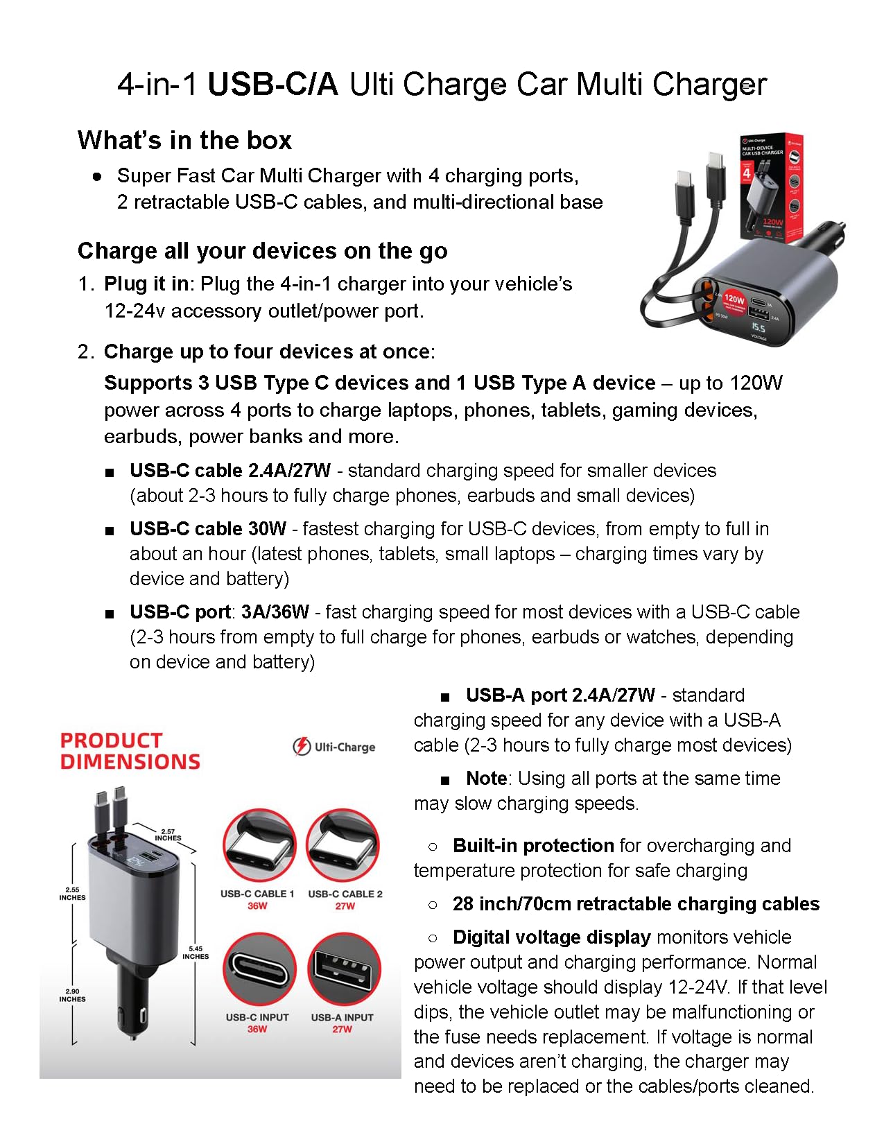 Ulti Charge - Caricatore per telefono da auto da 120 W, ricarica rapida con presa accendisigari retrattile, caricatore USB C, 4 porte USB‑C e USB‑A, blocco di ricarica Dual USBC per iPhone, Galaxy