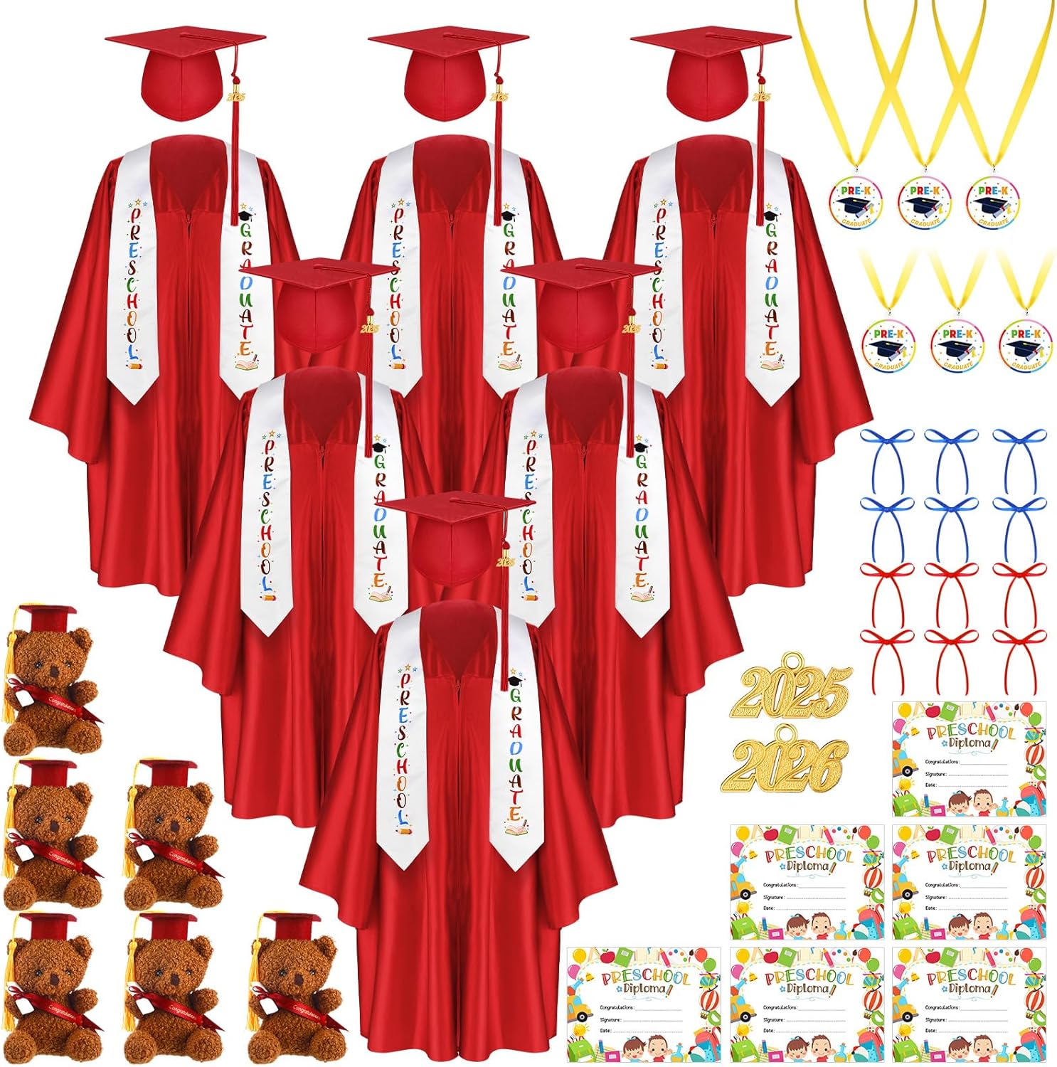 60 Pcs Preschool Kindergarten Graduation Cap and Gown with 2025 Tassel Stole Certificate Medal Bear for Kids