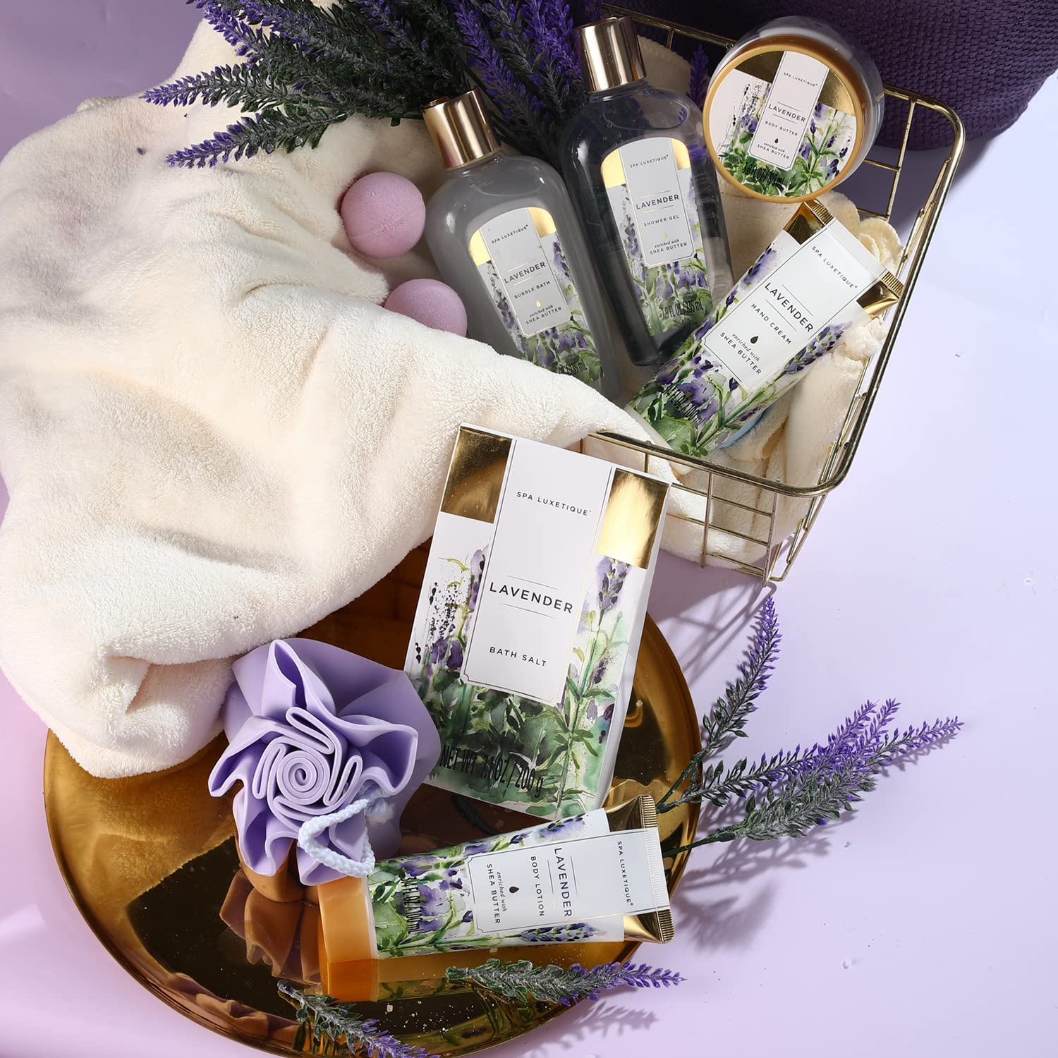 SPA LUXETIQUE Damen Bade Geschenkset - 10tlg Lavender Duft Geburtstaggeschenk für Frauen mit Handcreme, Duschgel, Schaumbad, Bodylotion, Wellness set für Sie,Damen,Mutter, Muttertagsgeschenk Set