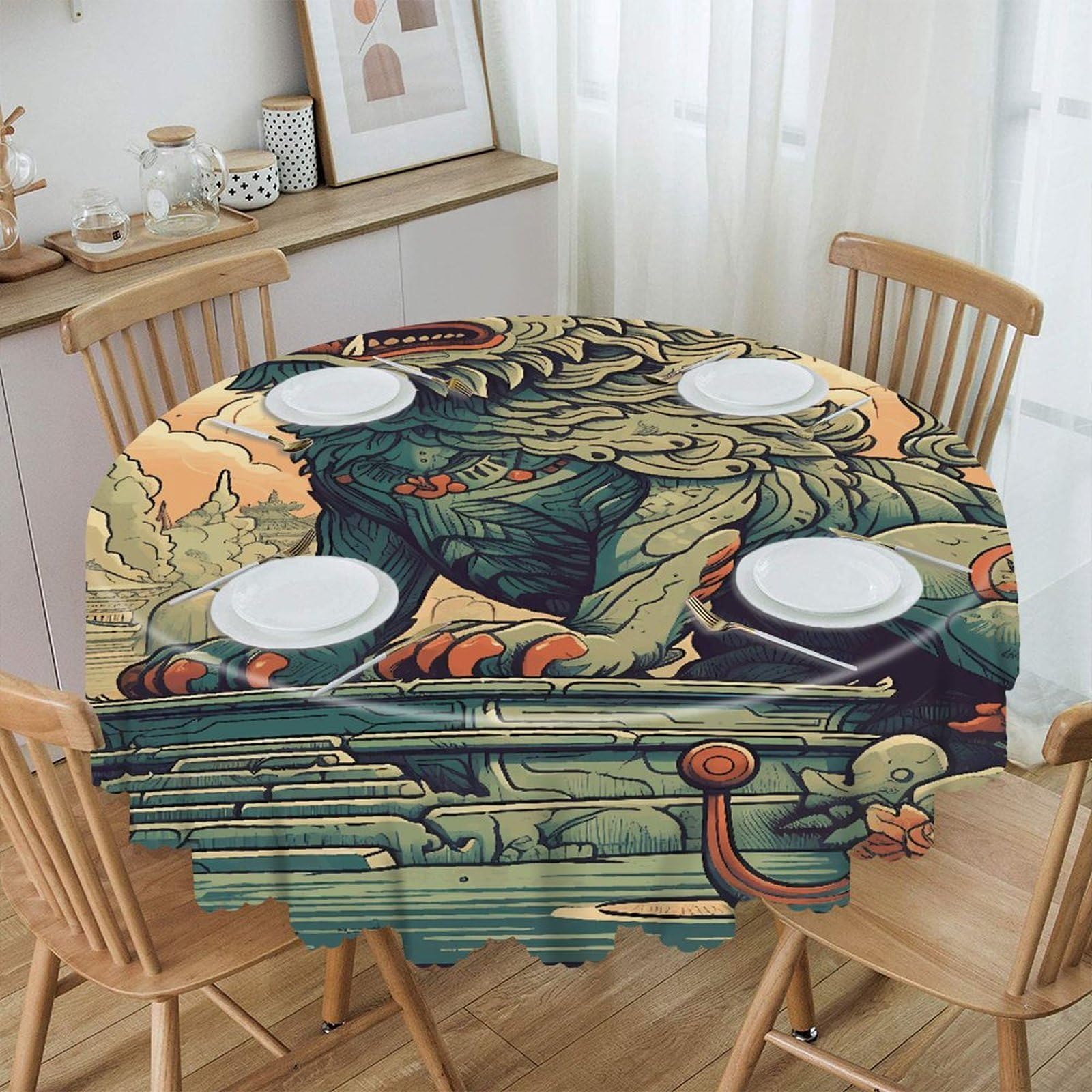 LZQPOEAS Lion Statue Round Tablecloth Rustic Circle Table Cloth Wrinkle Resistant Decor Tablecloth Waterproof Washable Table Cover for Kitchen Party Dining Table 60 Inch