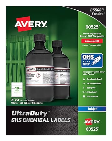Avery UltraDuty GHS Chemical Labels for Pigment Inkjet Printers, Waterproof, UV Resistant, 2