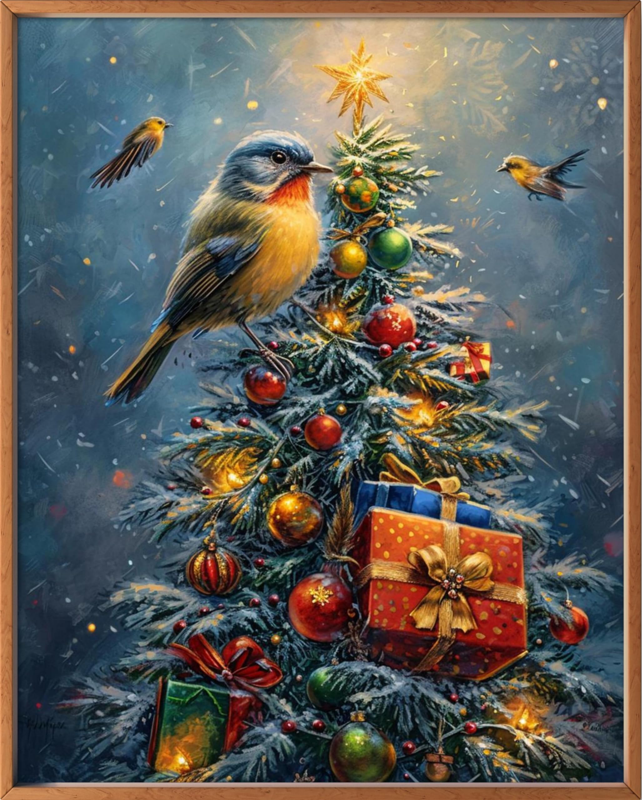 Leczany 11CT 3 Strand Cross Stitch Stamped Kit - Embroidery Starter Kit - Printed Canvas Complete Needlework Kit Adult or Kids for Beginners - Birds and Christmas Trees 34x43cm