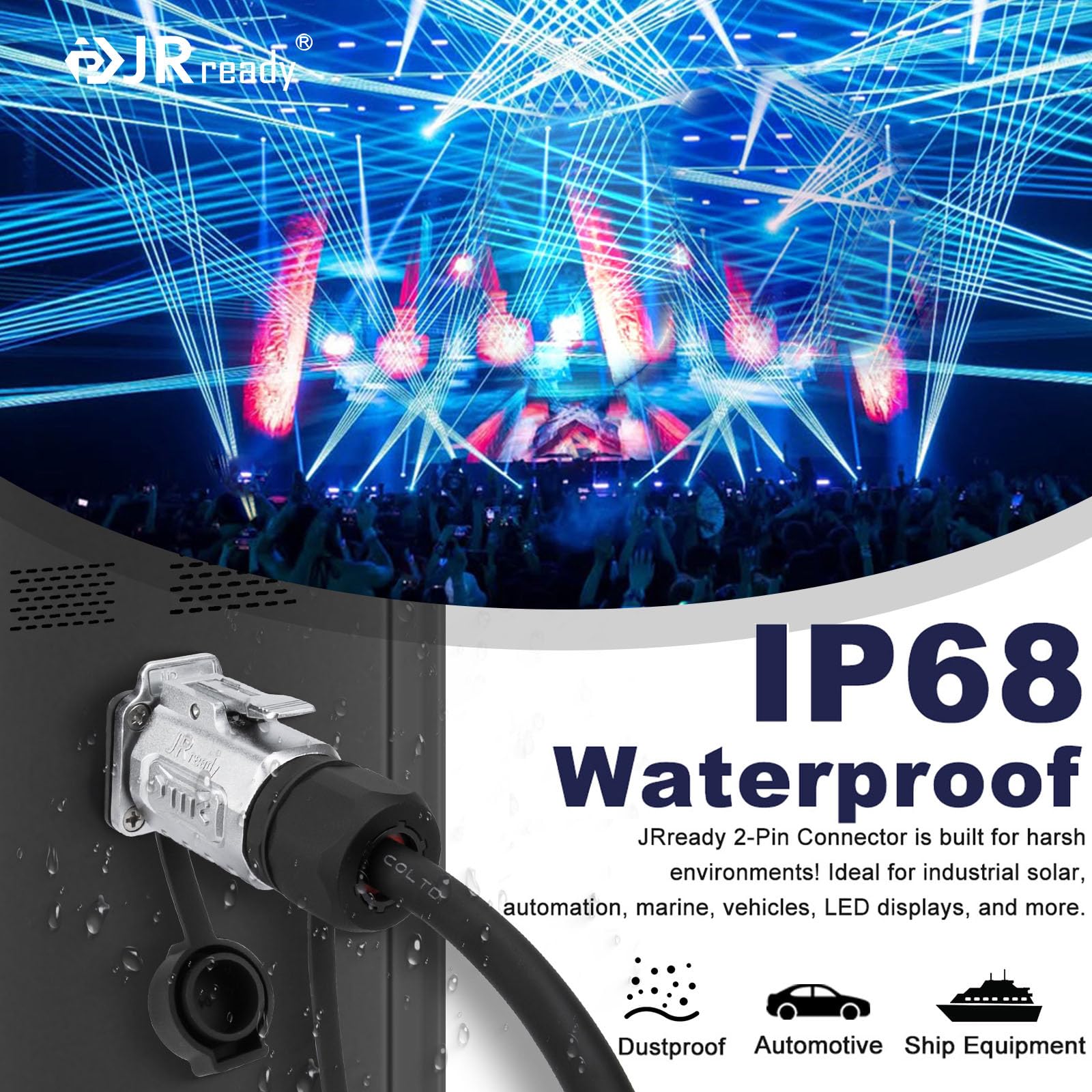 JRready Kit de conector industrial eléctrico impermeable de 2 pines, terminales sólidos chapados en oro 14-18 AWG con 2 pares (macho/hembra) conector de enchufe de metal IP68 para automoción