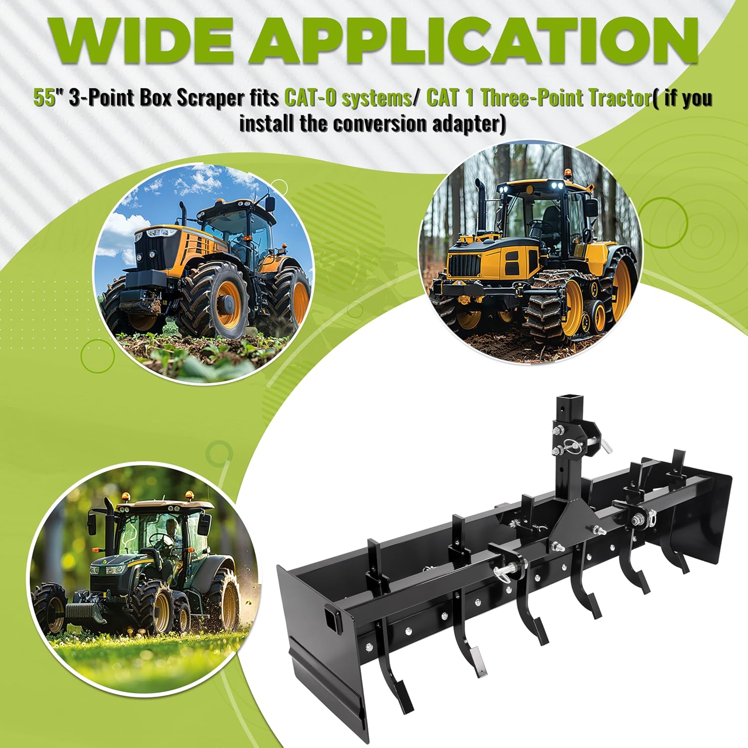 KUAFU 55" 3-Point Box Scraper Compatible with CAT-0 Garden Lawn Mower Tractor Box Blade