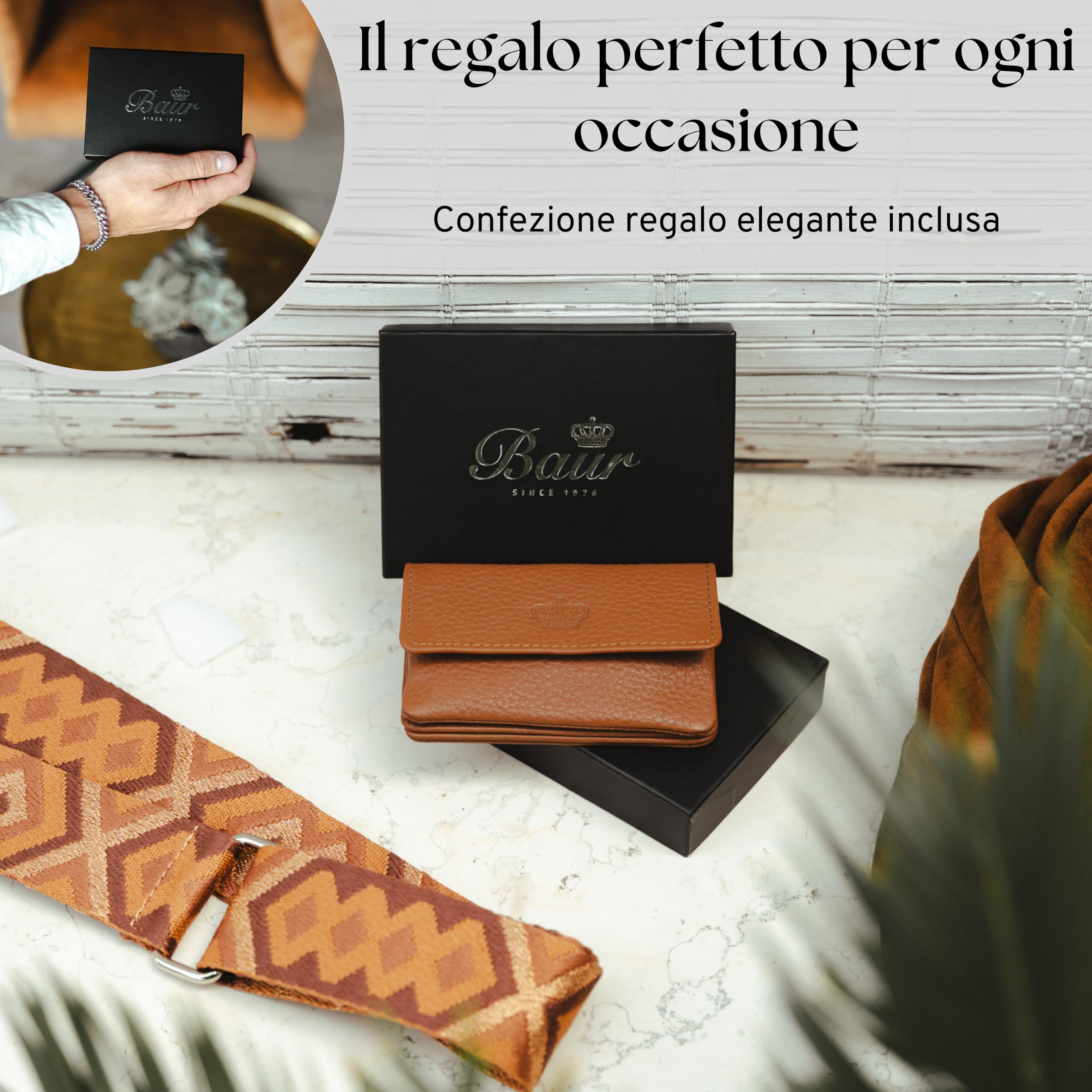 Baur portachiavi da donna in vera pelle – astuccio chiavi con anello in metallo e chiusura a bottone – piccolo portafoglio con cerniera per banconote, monete e carte (Cognac)