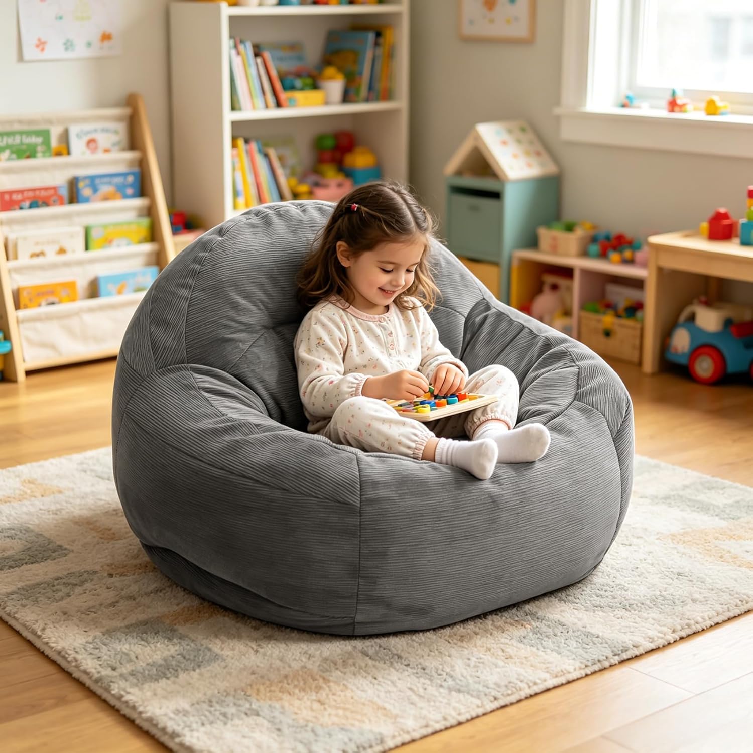 3FT Bean Bag Chair for Teens – Small Comfy Beanbag with High-Density Foam Bead Filling, Soft & Supportive Seating for Bedroom, Living Room, Dorm (Gray, 33.5" D x 33" W x 24" H)