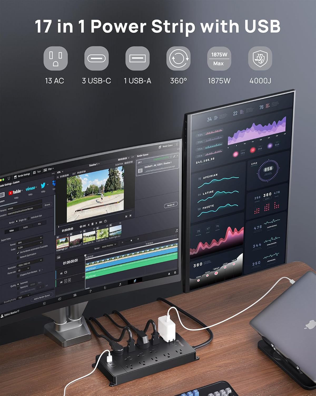 TROND 360° Flat Plug Surge Strip: 13 Wide Outlets + USB-C 5 81Gy6WsDgaL. AC SL1500