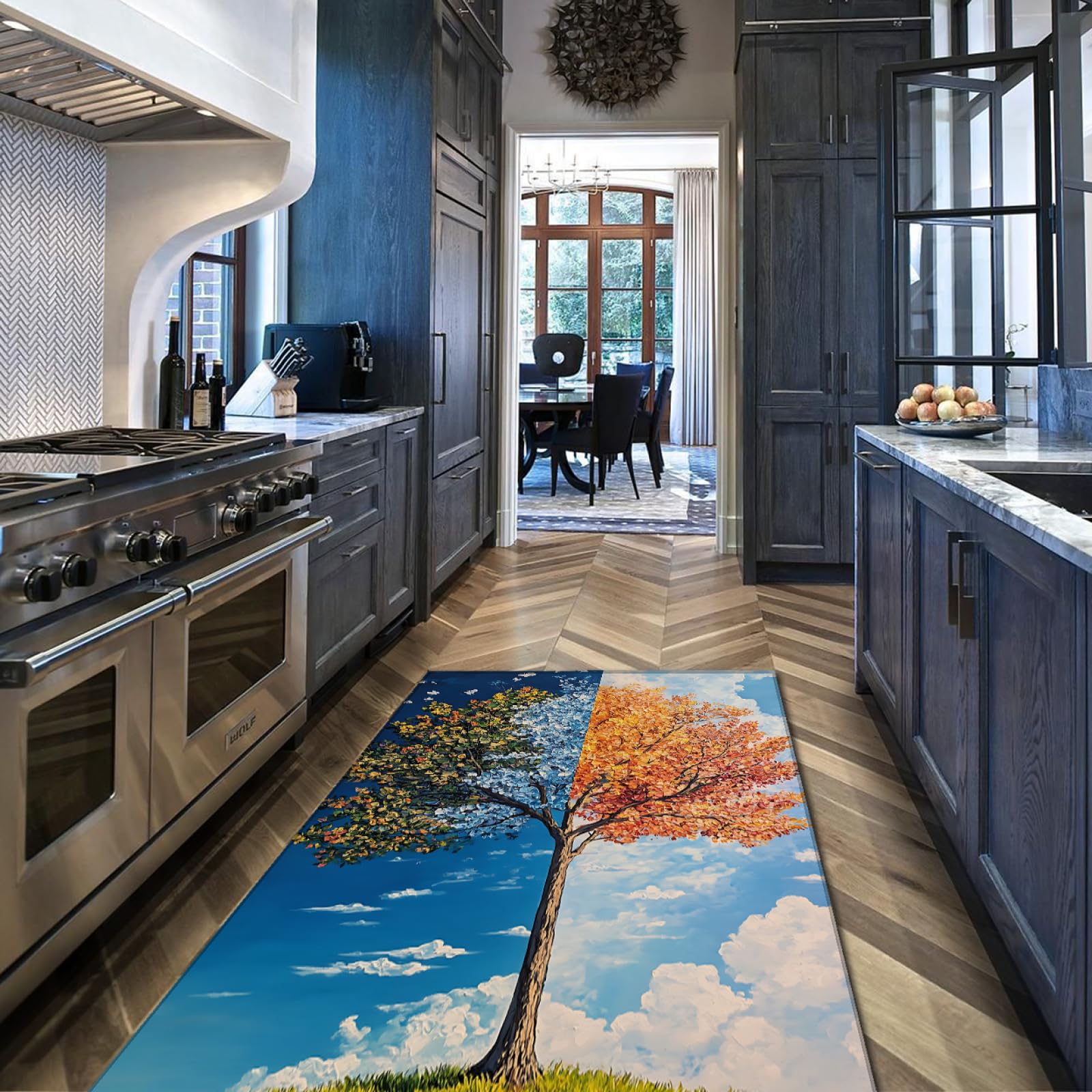 Tapis de sol cuisine et salon 140x200cm bleu ciel motif arbre des 4 saisons
