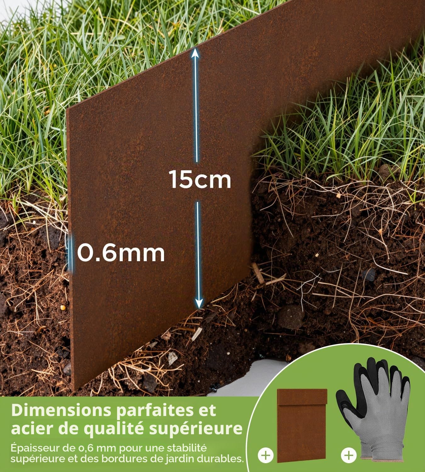 Bordure de pelouse en acier Corten 10 m - Bordure de parterre en métal de 15 cm de haut, épaisseur 0,6 mm - Bordure de parterre flexible avec aspect rouille - Avec une paire de gants et un connecteur
